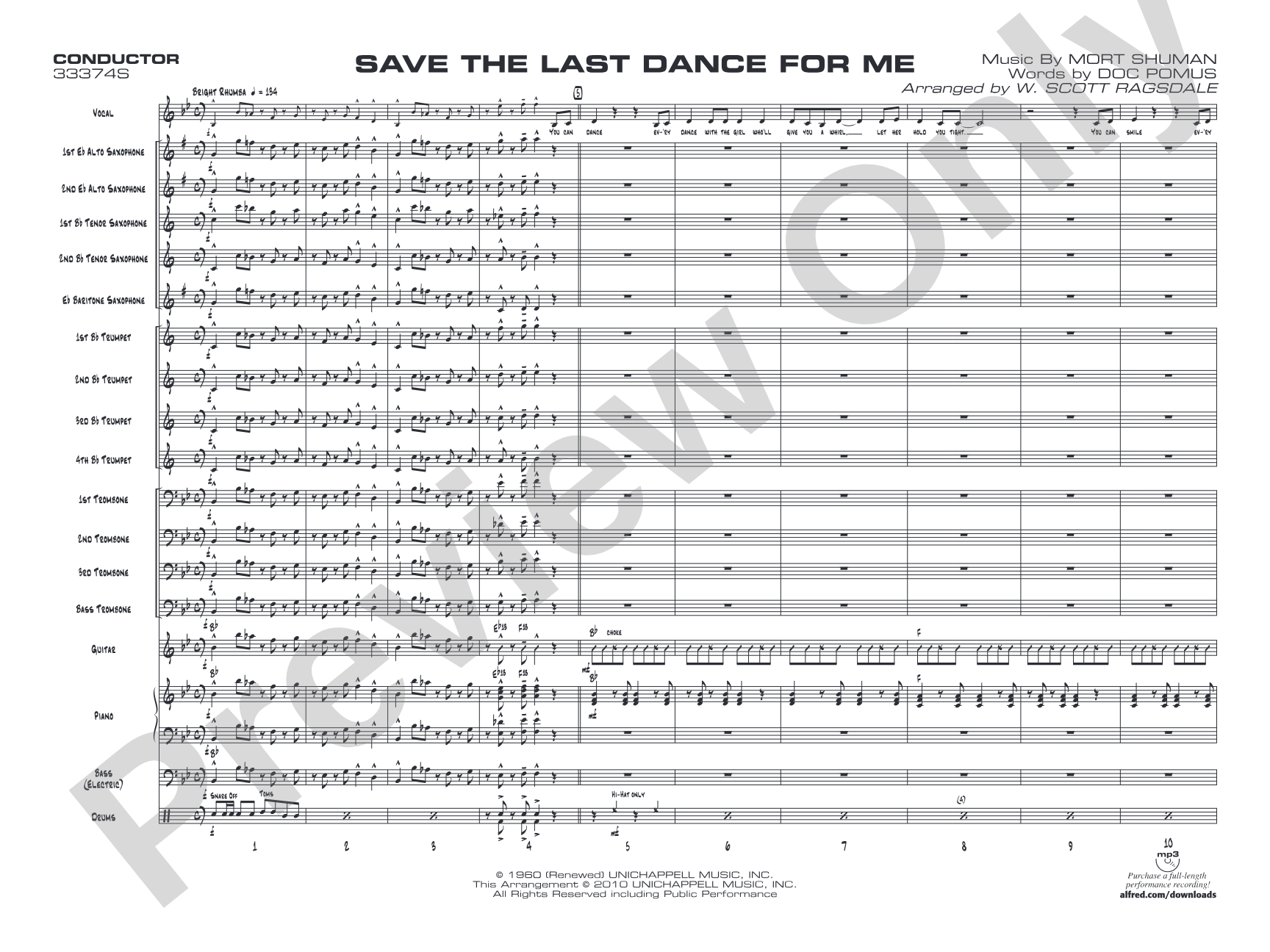 Save the Last Dance for Me: Vocal Solo with Jazz Ensemble Conductor Score & Parts