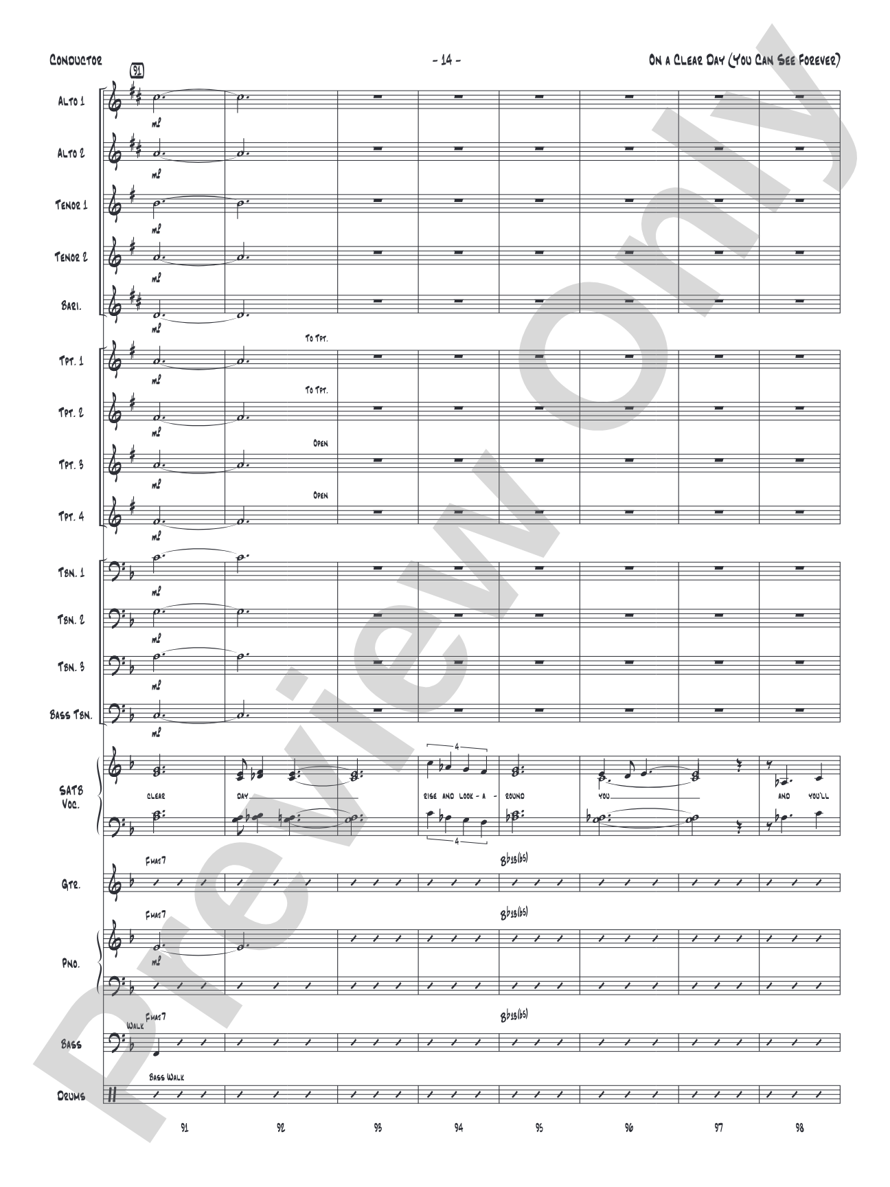 On a Clear Day (You Can See Forever): Vocal Solo with Jazz Ensemble Conductor Score & Parts