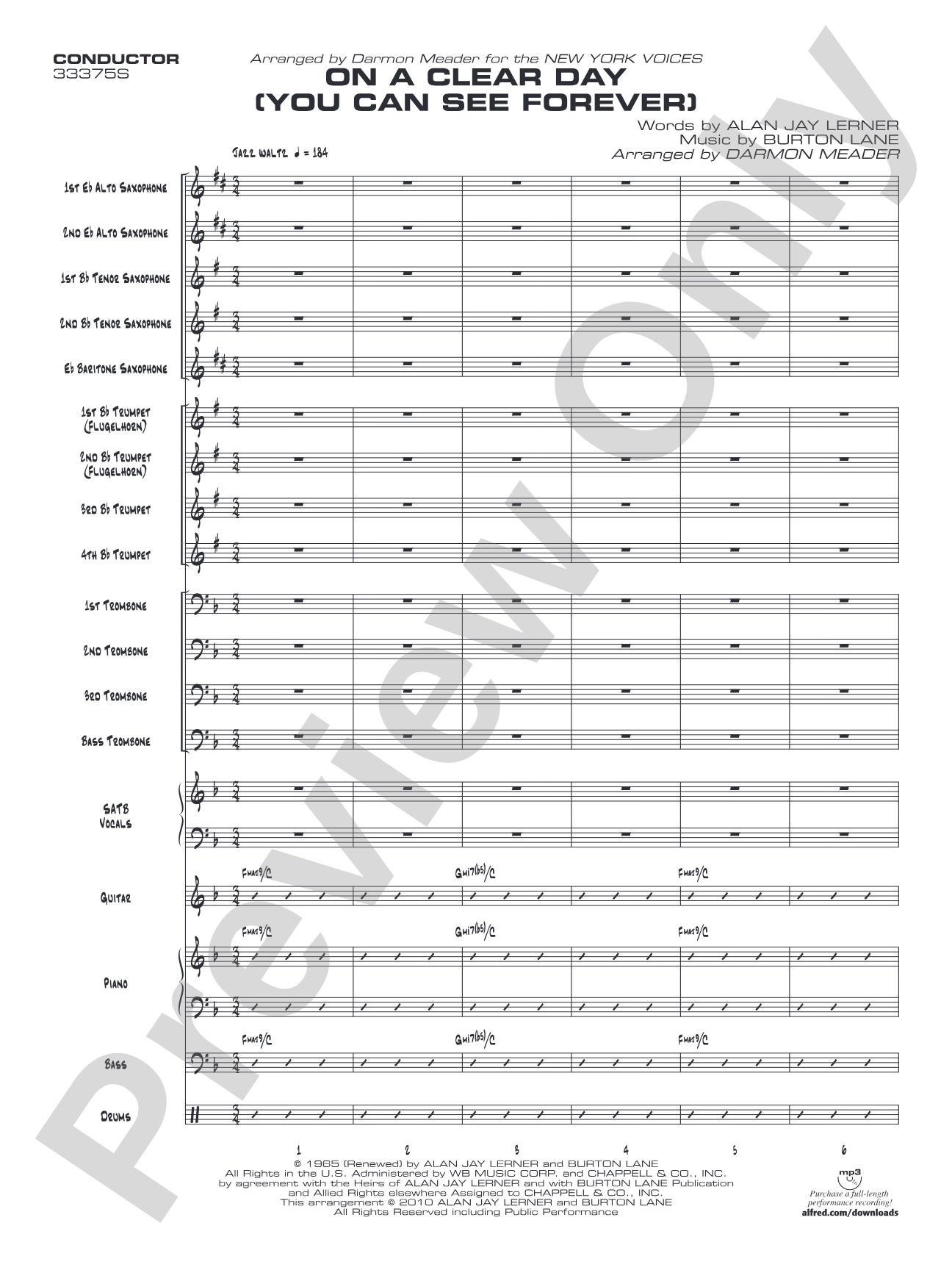 On a Clear Day (You Can See Forever): Vocal Solo with Jazz Ensemble Conductor Score & Parts