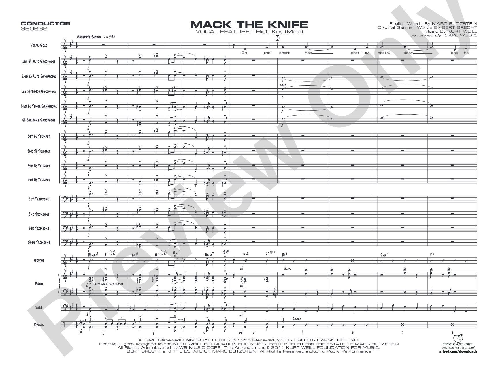Mack the Knife: Vocal Solo with Jazz Ensemble Conductor Score & Parts