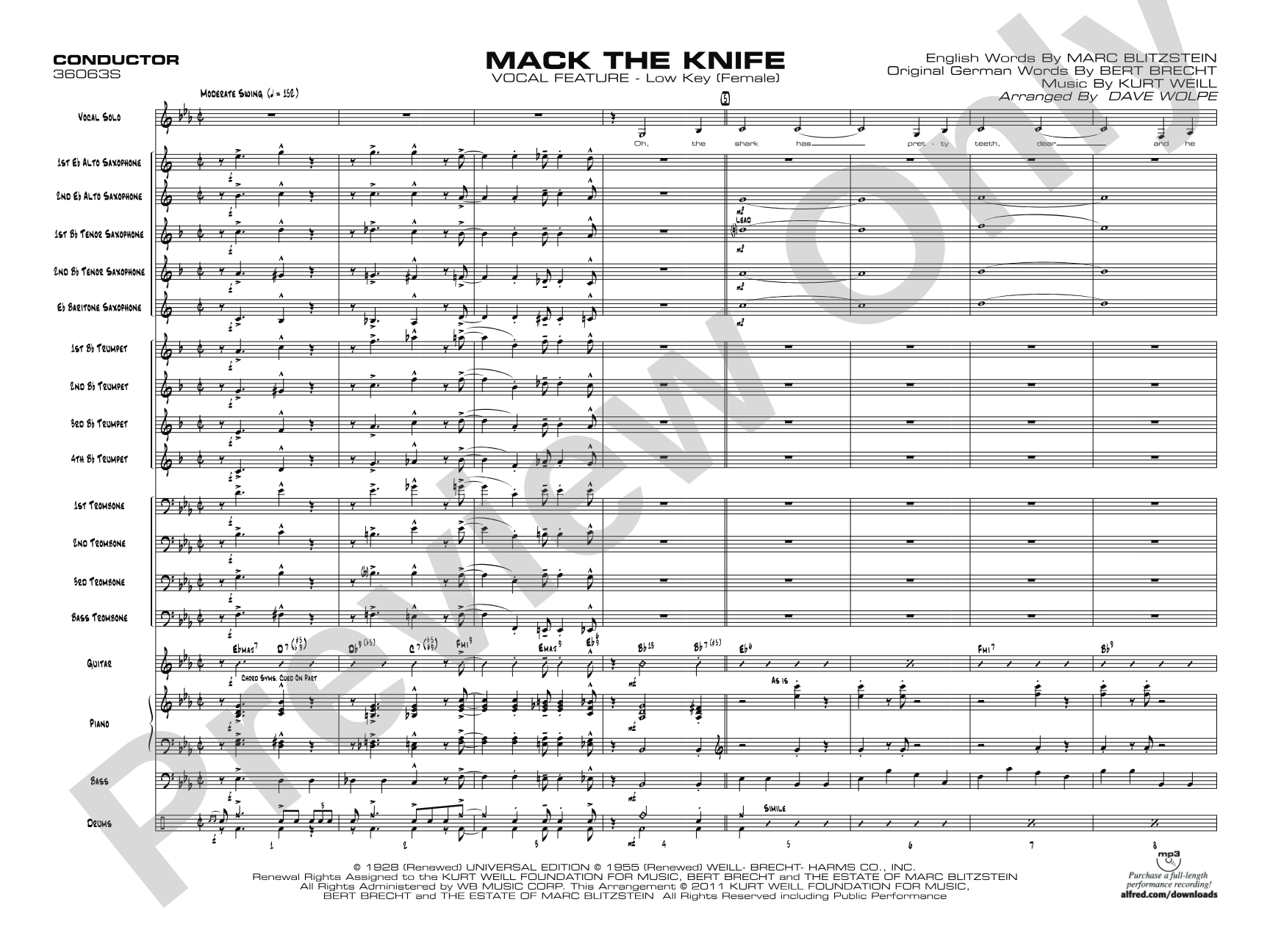 Mack the Knife: Vocal Solo with Jazz Ensemble Conductor Score & Parts