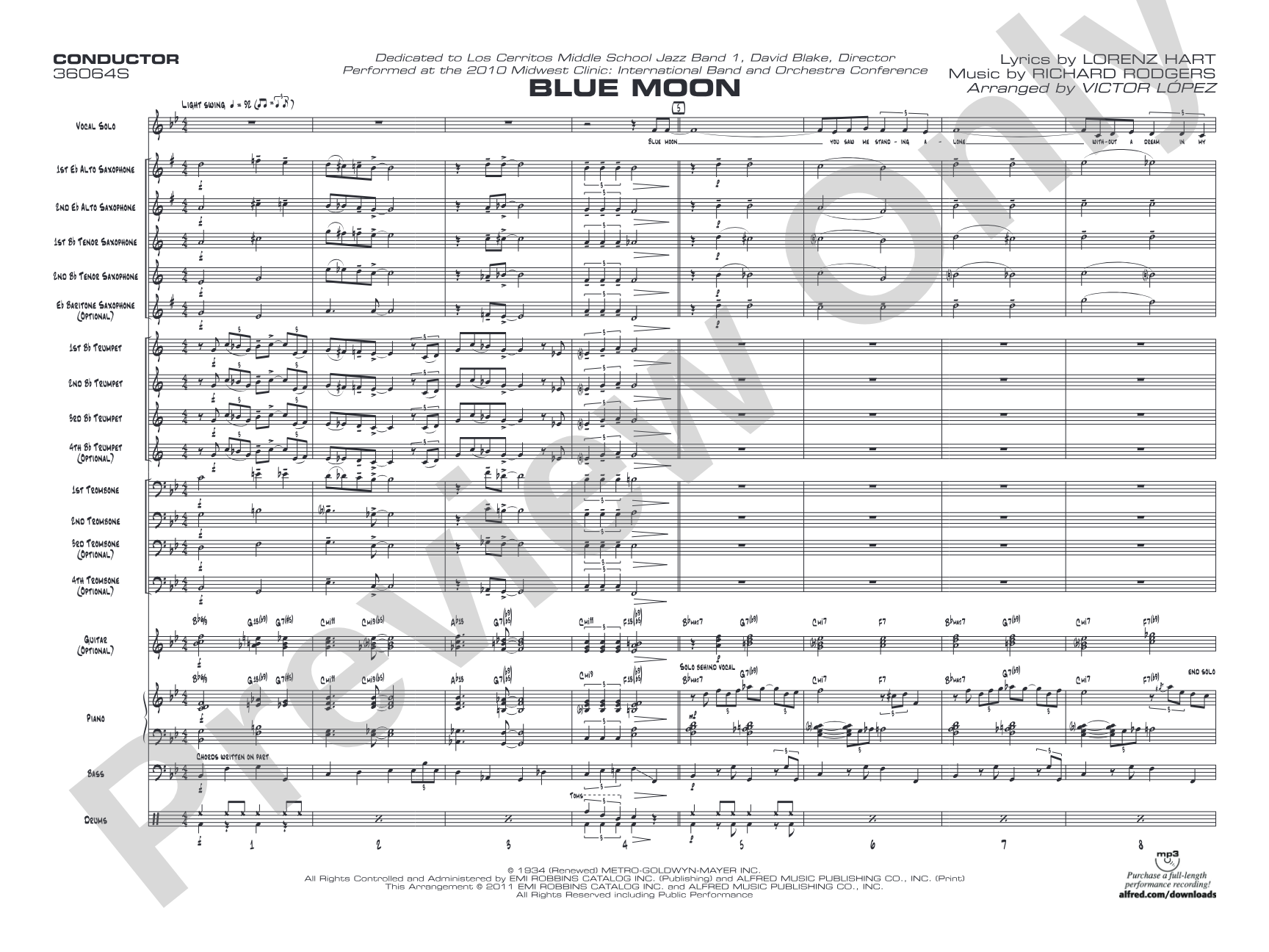 Blue Moon: Vocal Solo with Jazz Ensemble Conductor Score & Parts