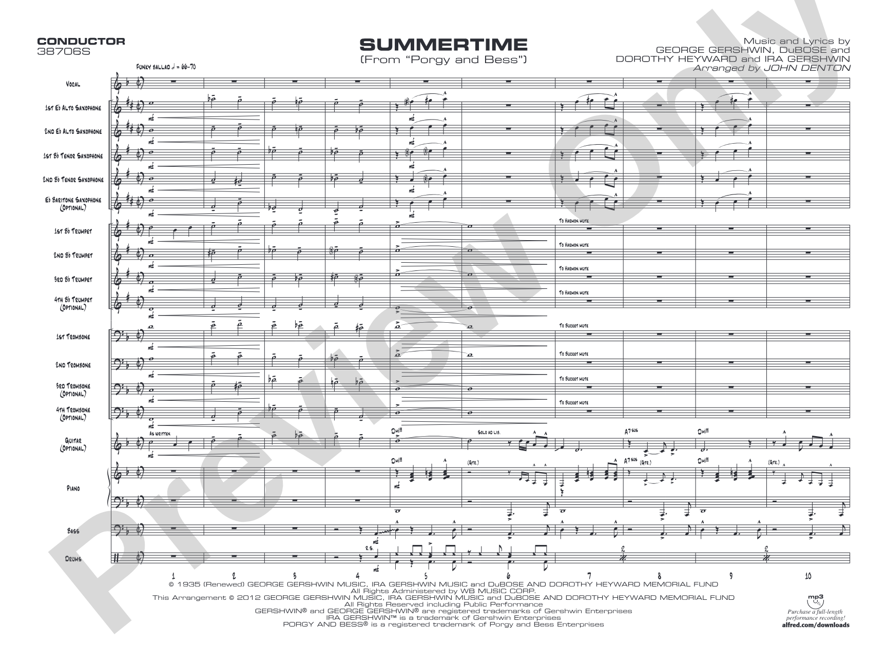 Summertime: Vocal Solo with Jazz Ensemble Conductor Score & Parts
