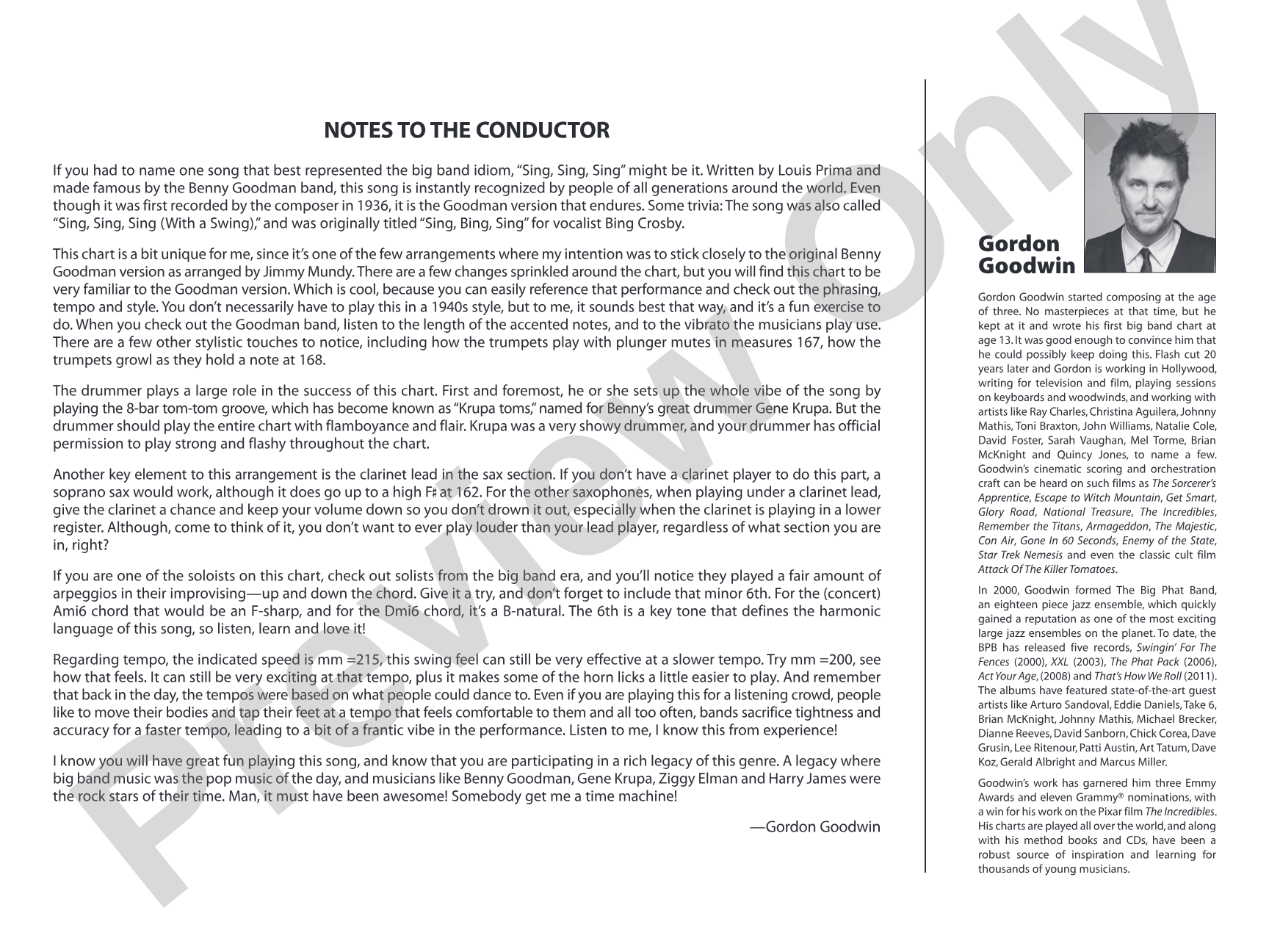 Sing, Sing, Sing: Jazz Ensemble Conductor Score & Parts