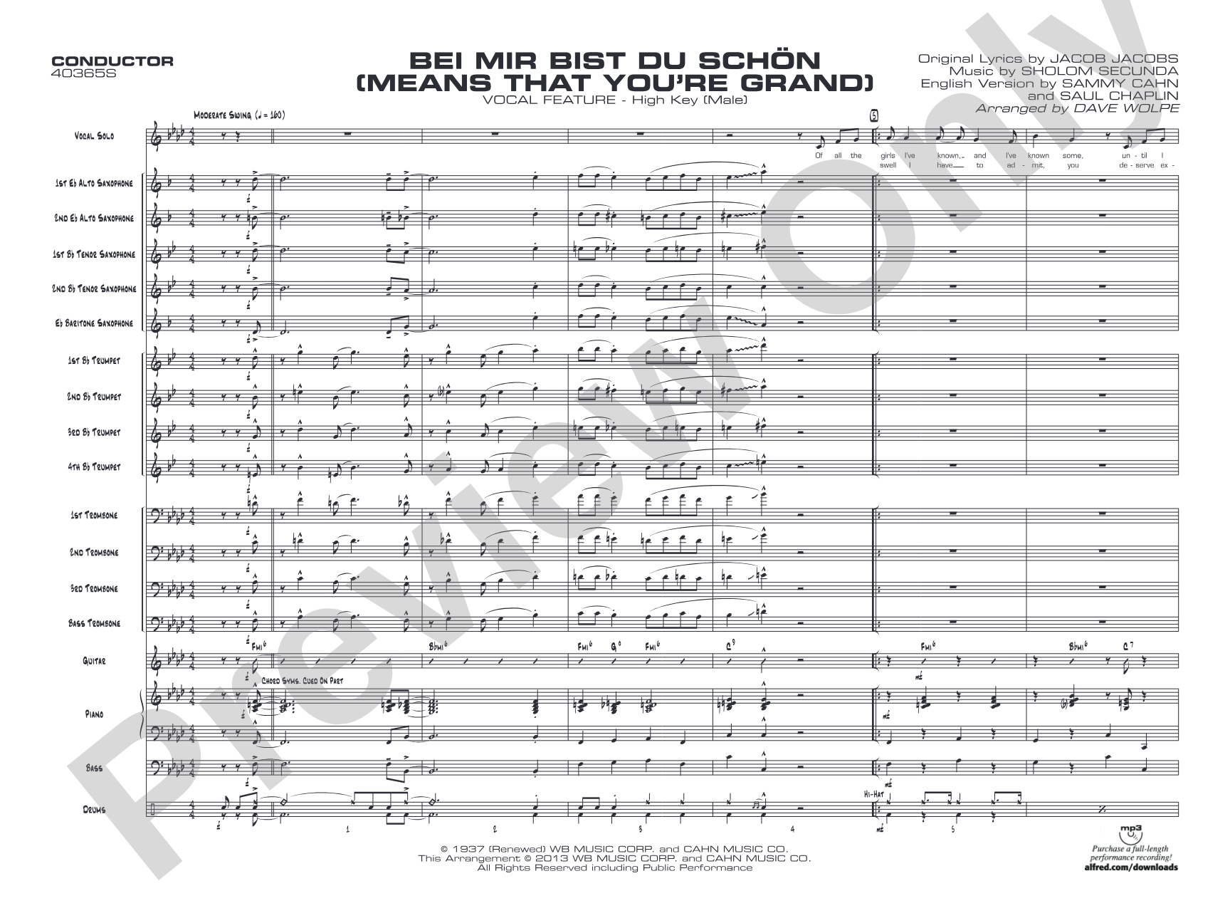 Bei Mir Bist Du Schon (Means That You're Grand): Vocal Solo with Jazz Ensemble Conductor Score & Parts