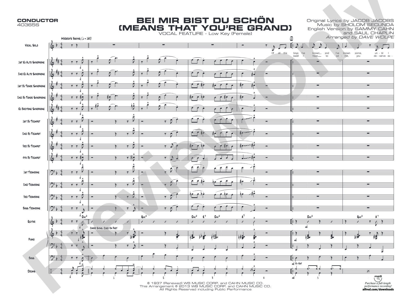 Bei Mir Bist Du Schon (Means That You're Grand): Vocal Solo with Jazz Ensemble Conductor Score & Parts