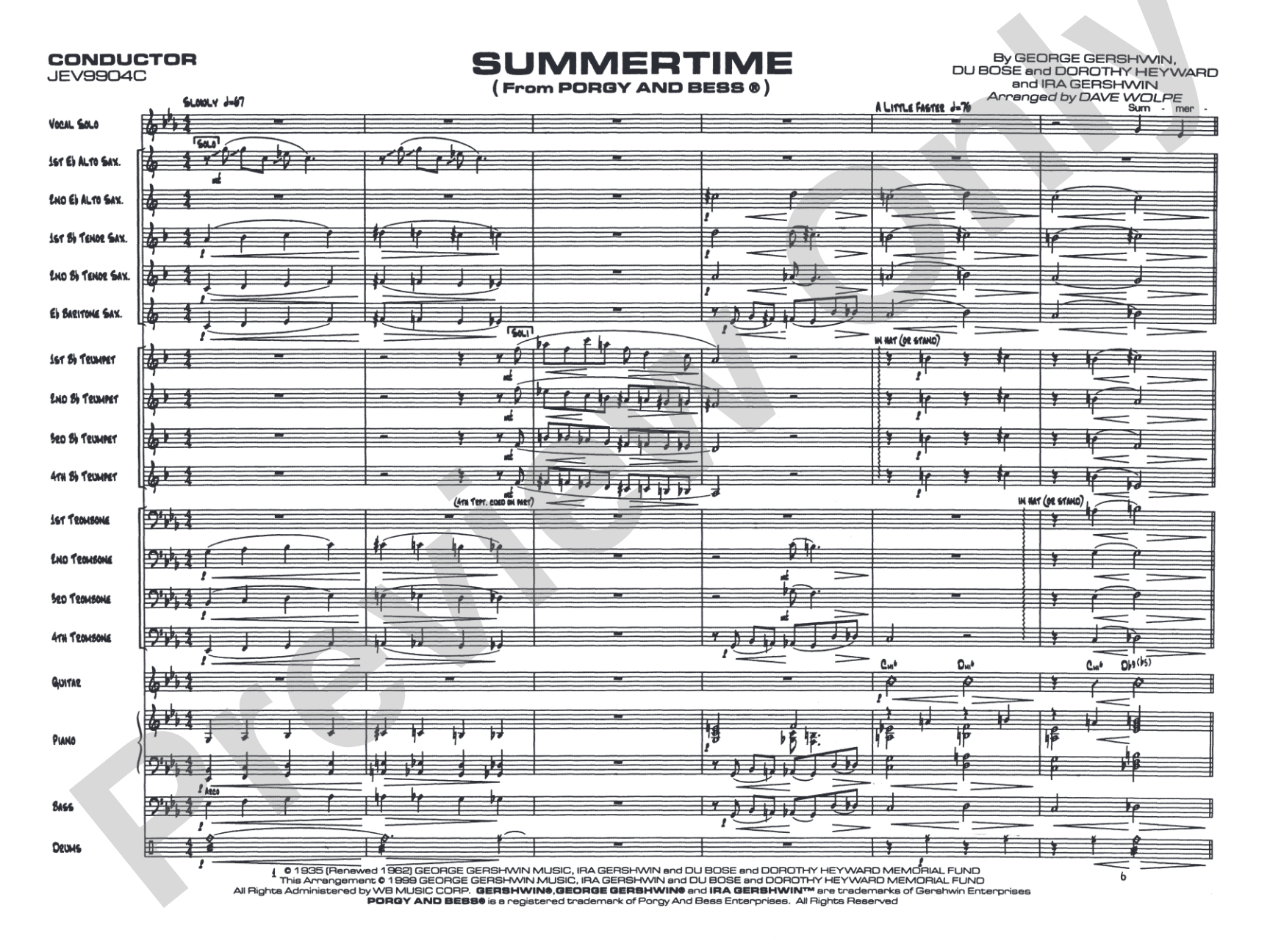 Summertime: Vocal Solo with Jazz Ensemble Conductor Score & Parts