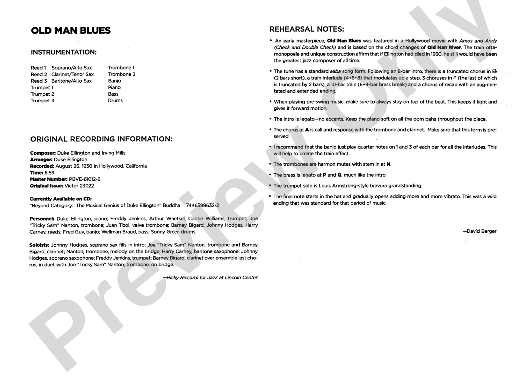 Old Man Blues: Jazz Ensemble Conductor Score & Parts