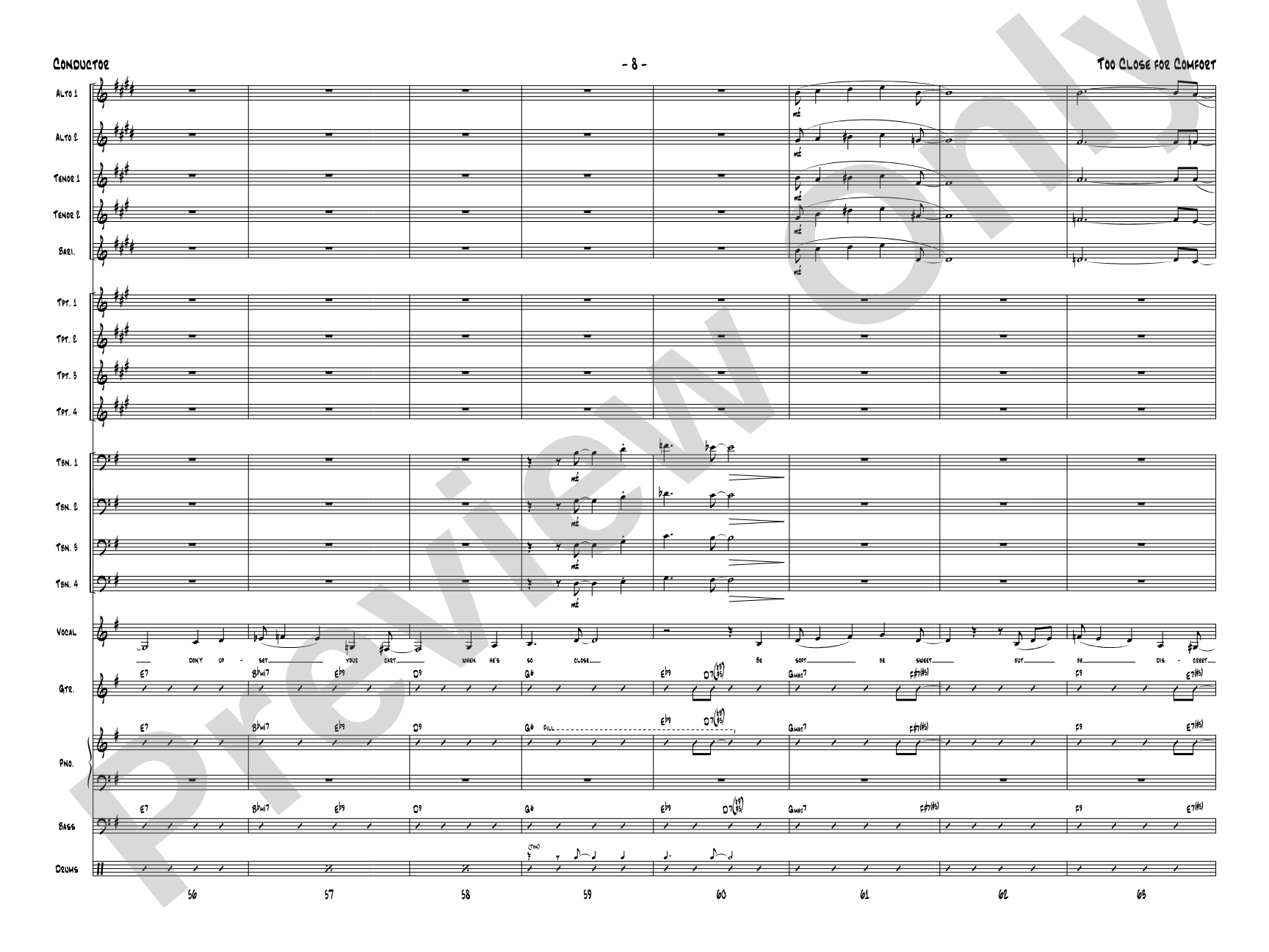 Too Close for Comfort: Jazz Ensemble Conductor Score & Parts