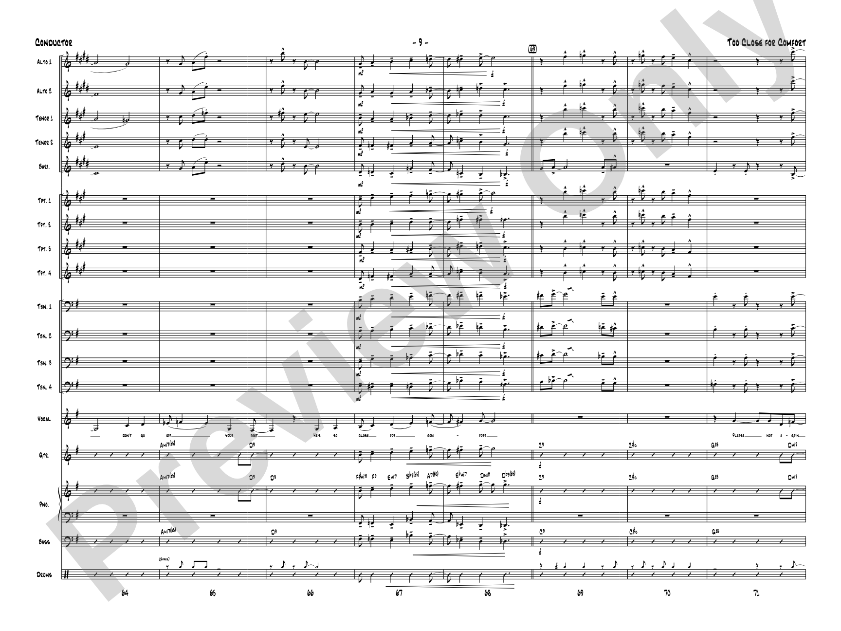 Too Close for Comfort: Jazz Ensemble Conductor Score & Parts