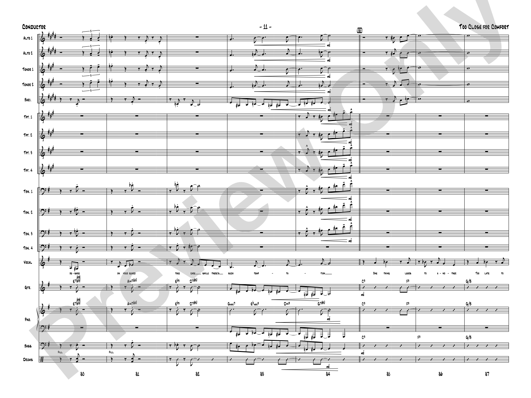 Too Close for Comfort: Jazz Ensemble Conductor Score & Parts