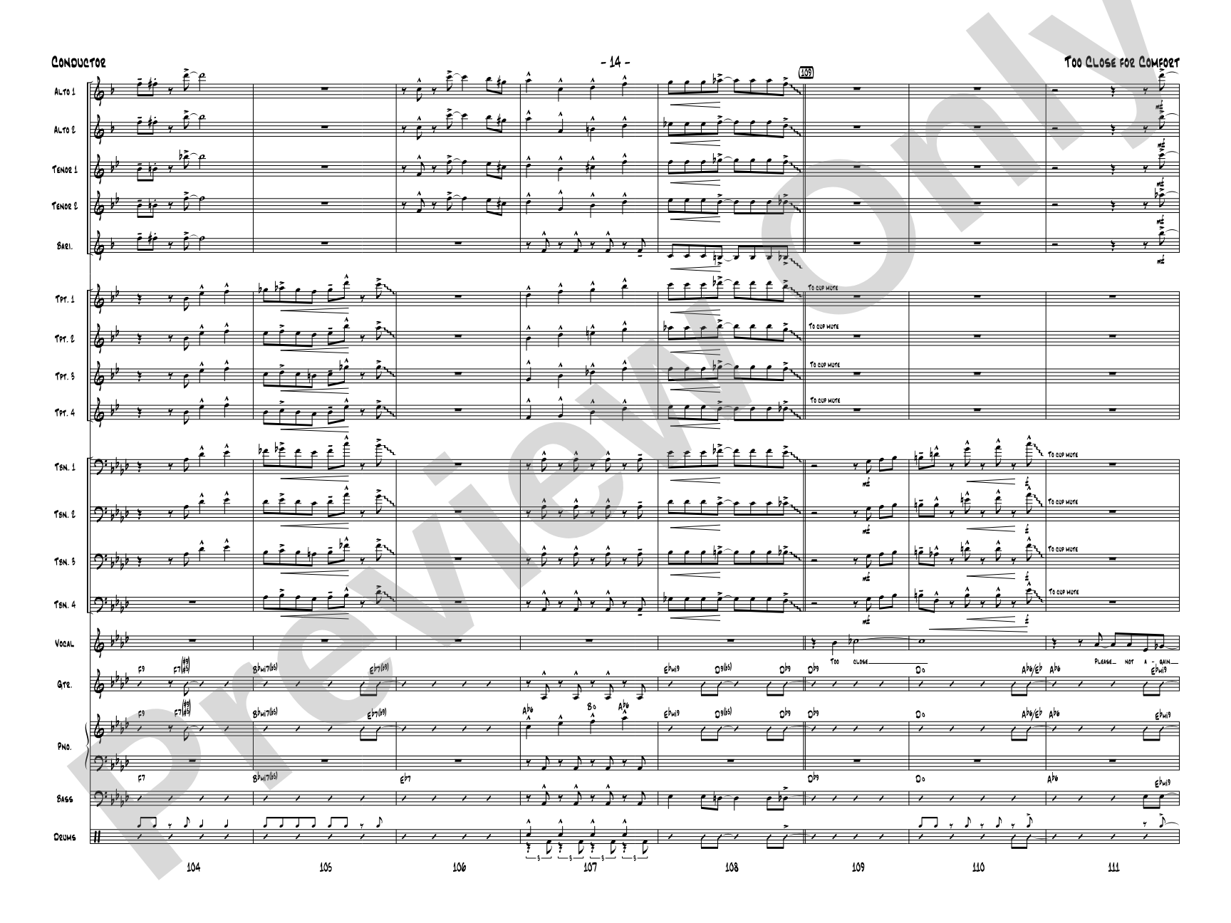 Too Close for Comfort: Jazz Ensemble Conductor Score & Parts