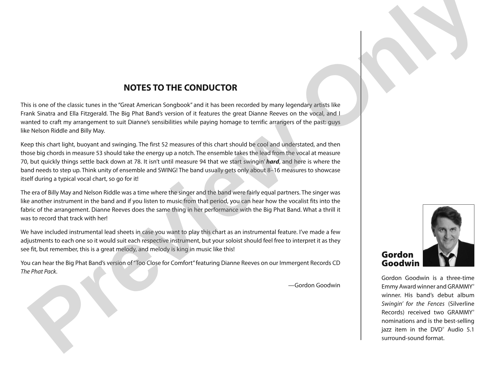 Too Close for Comfort: Jazz Ensemble Conductor Score & Parts