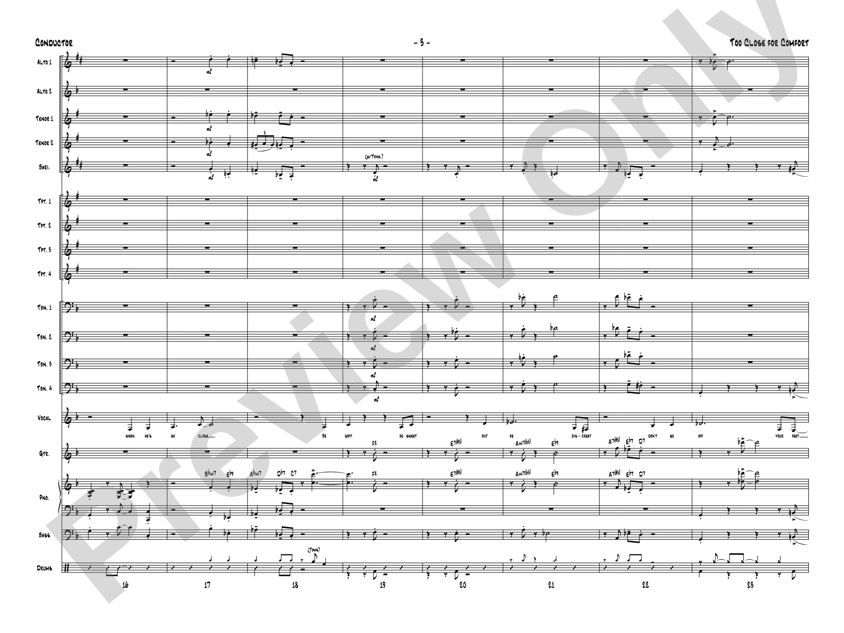 Too Close for Comfort: Jazz Ensemble Conductor Score & Parts