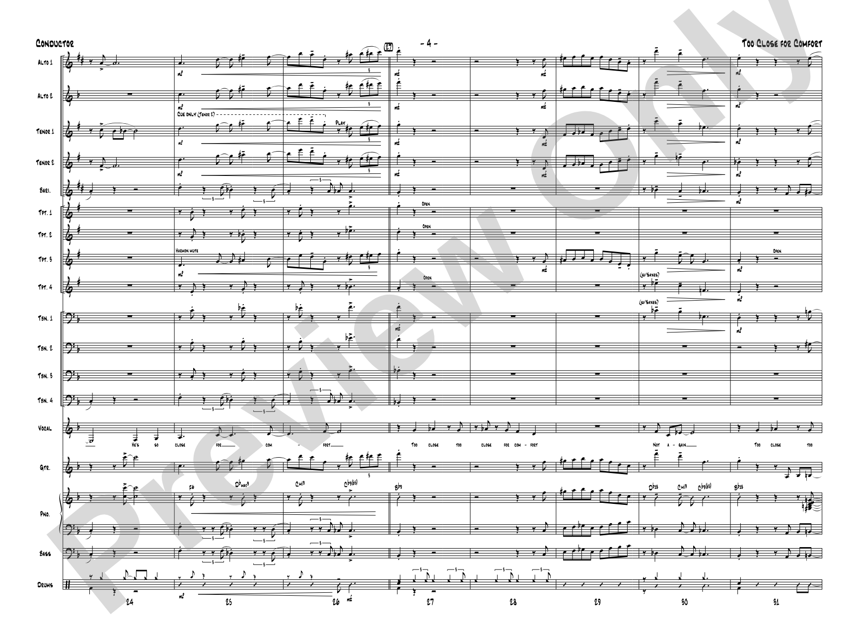 Too Close for Comfort: Jazz Ensemble Conductor Score & Parts