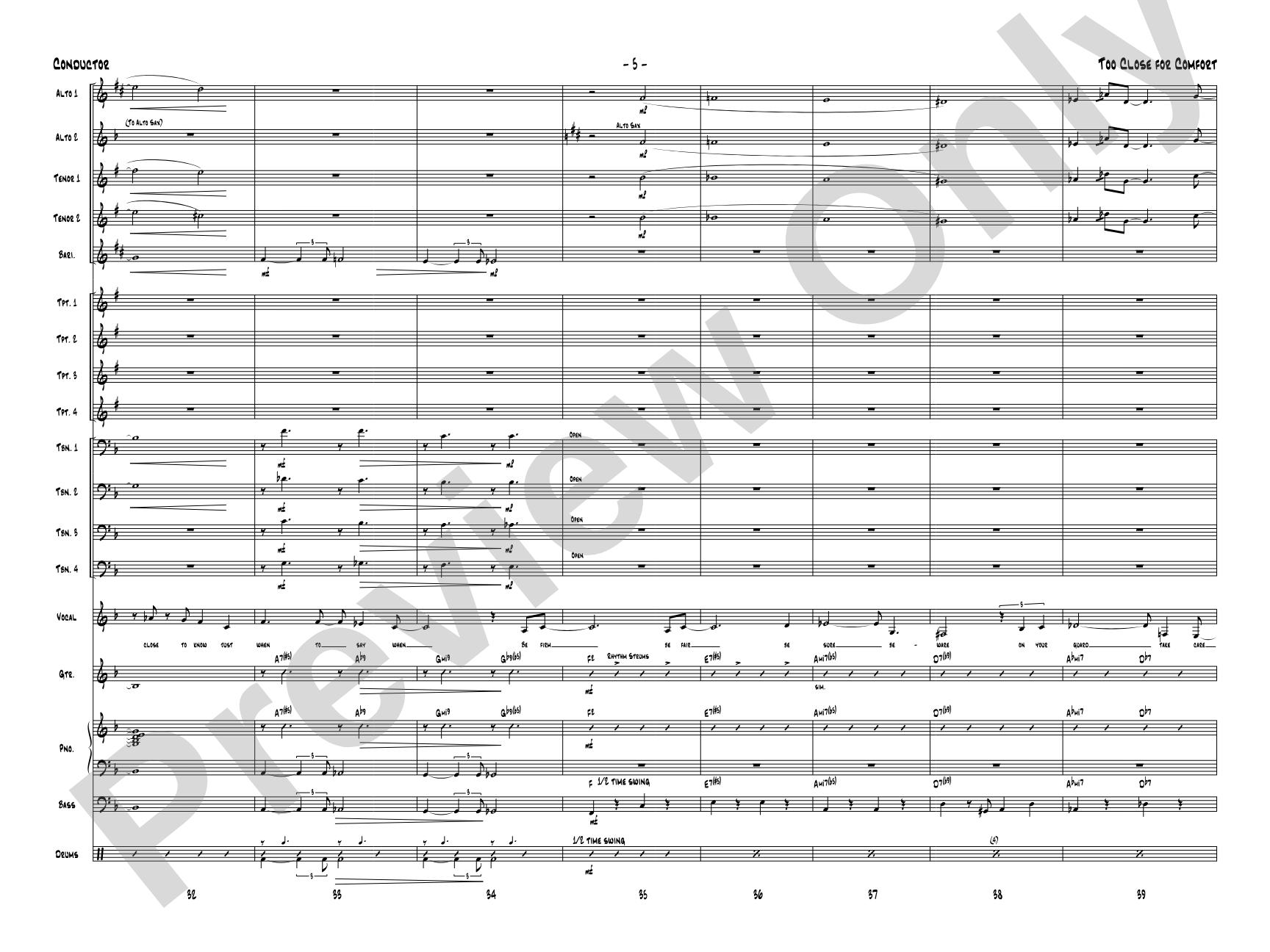 Too Close for Comfort: Jazz Ensemble Conductor Score & Parts