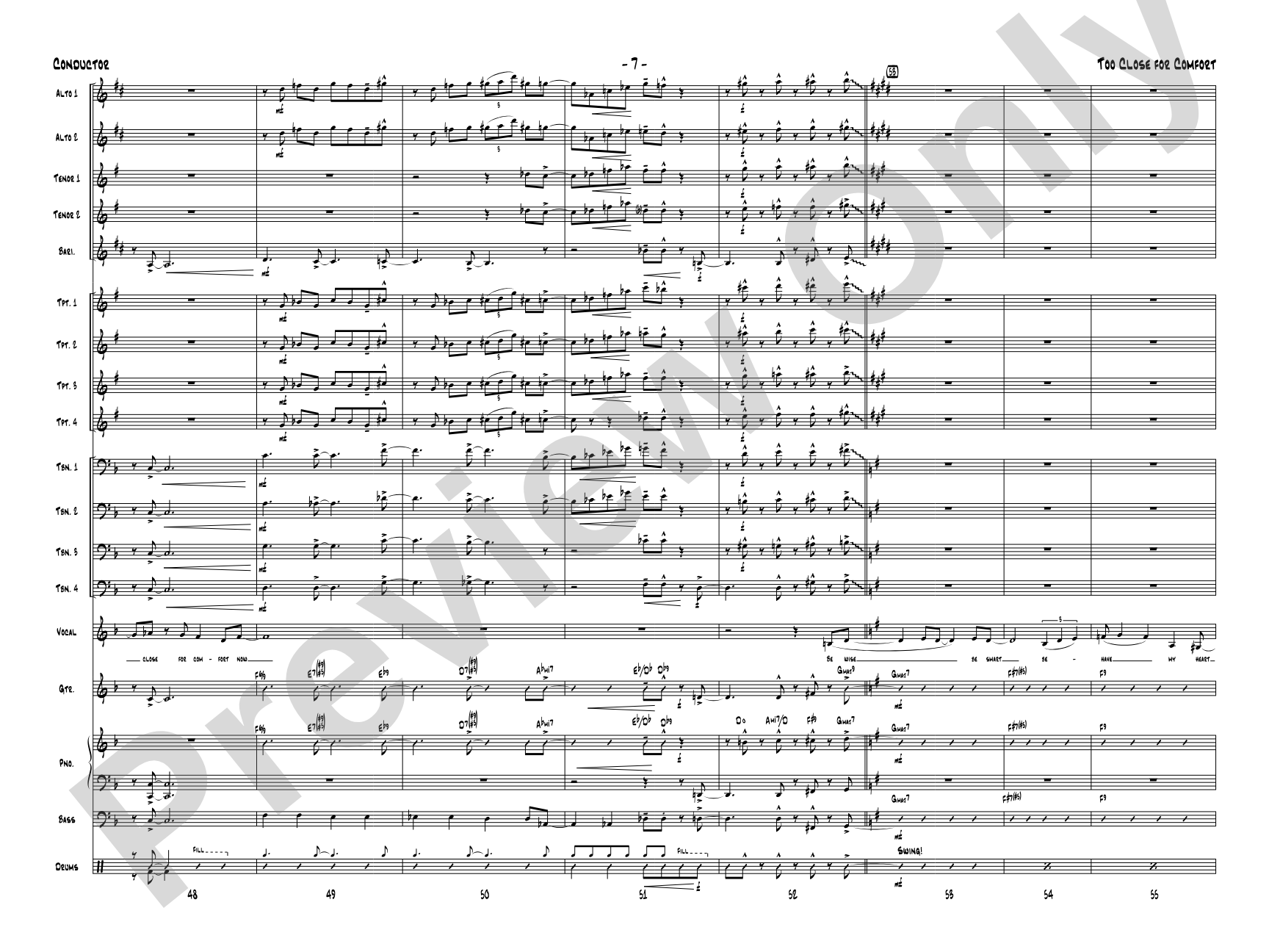 Too Close for Comfort: Jazz Ensemble Conductor Score & Parts