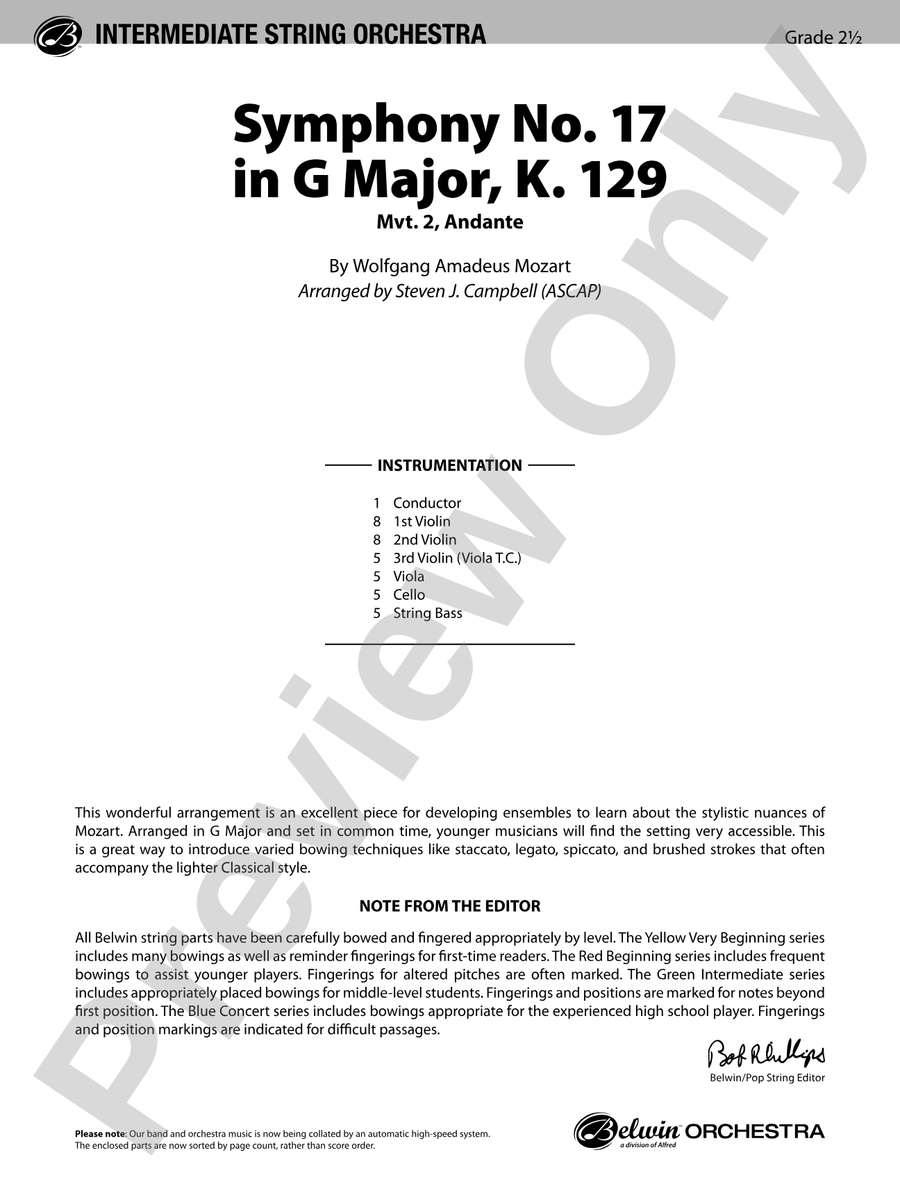 Symphony No. 17 in G Major, K. 129: String Orchestra Conductor Score & Parts