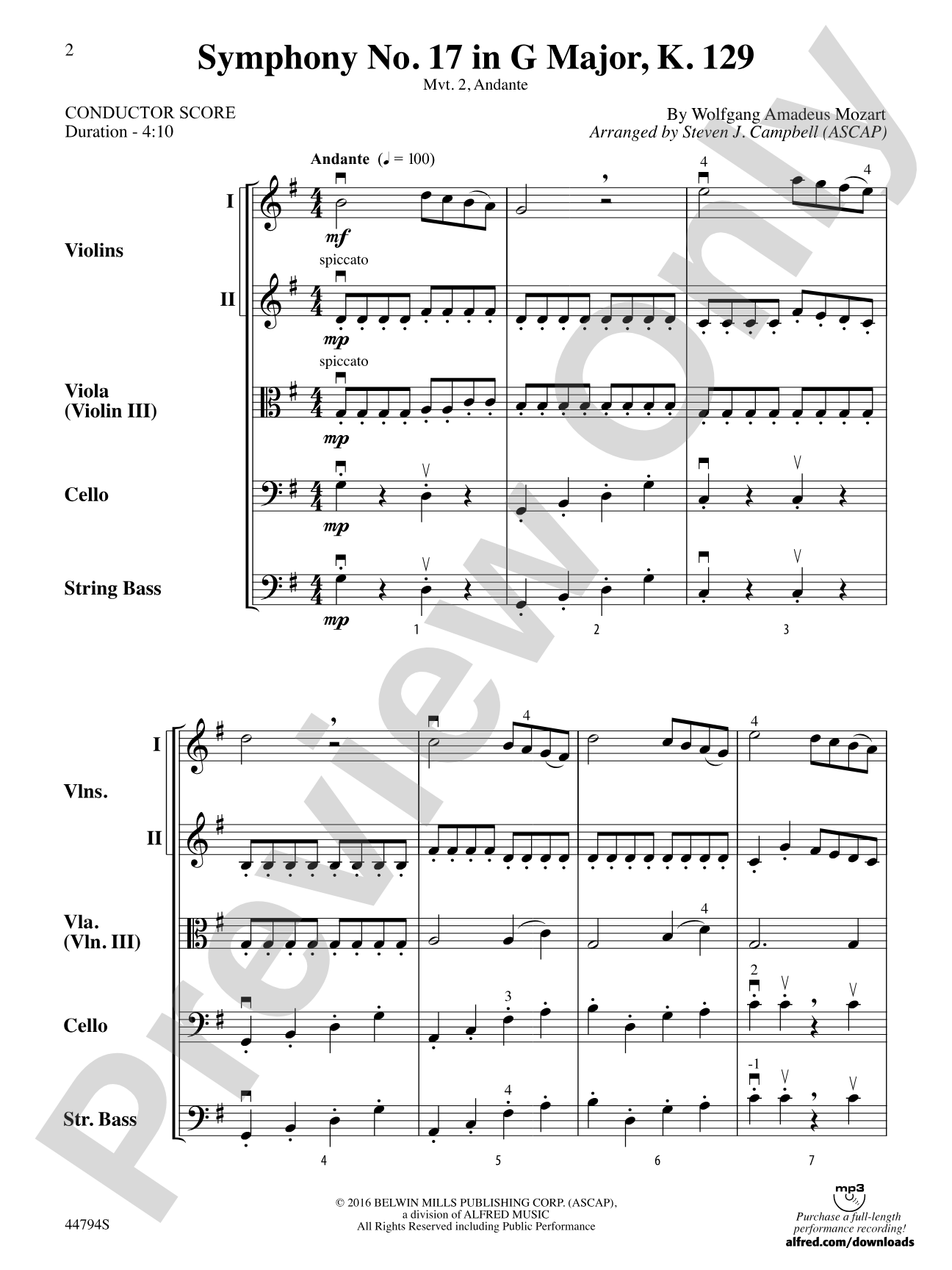 Symphony No. 17 in G Major, K. 129: String Orchestra Conductor Score & Parts