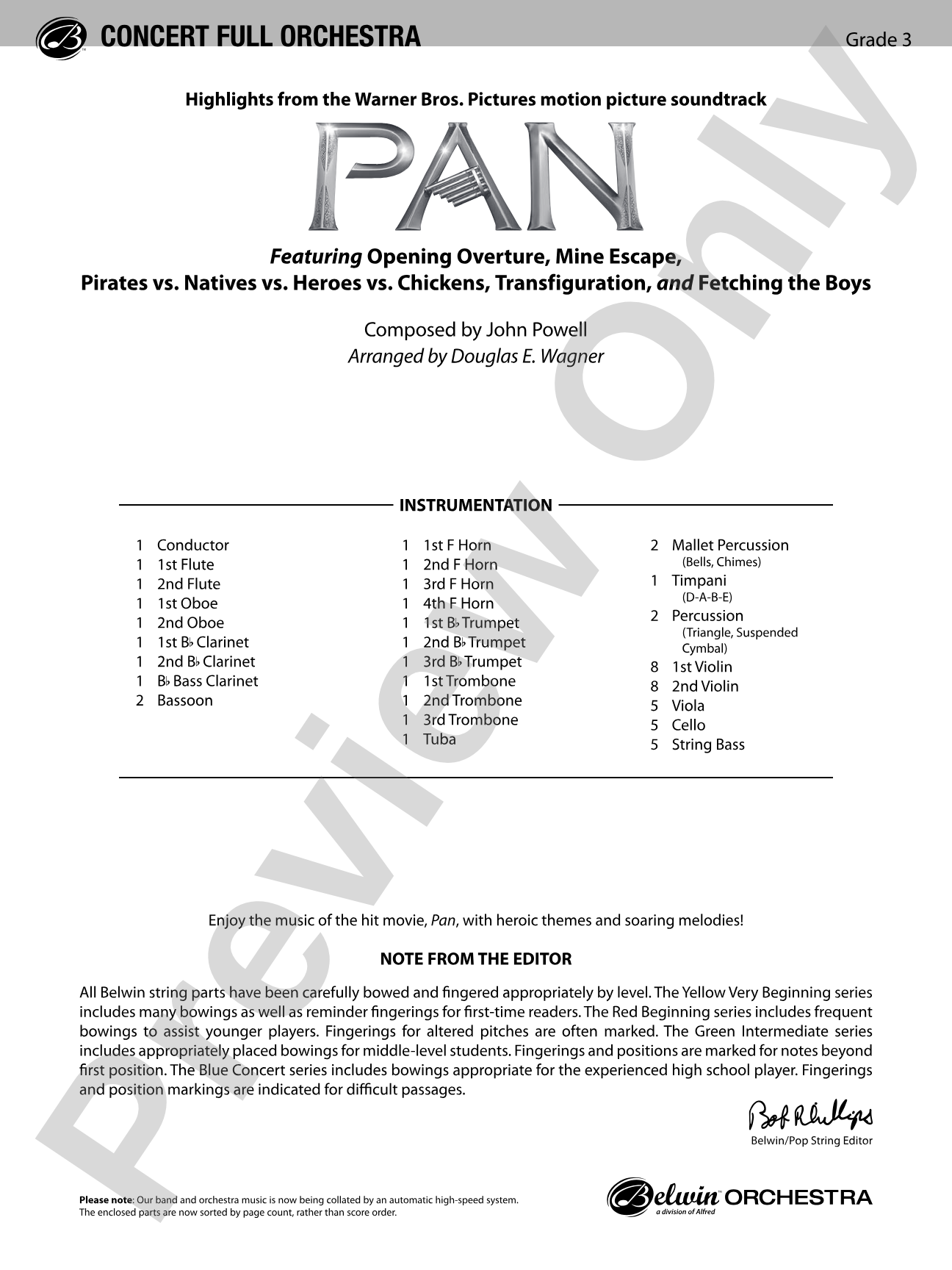 Pan: Highlights from the Warner Bros. Pictures Motion Picture Soundtrack: Full Orchestra Conductor Score & Parts