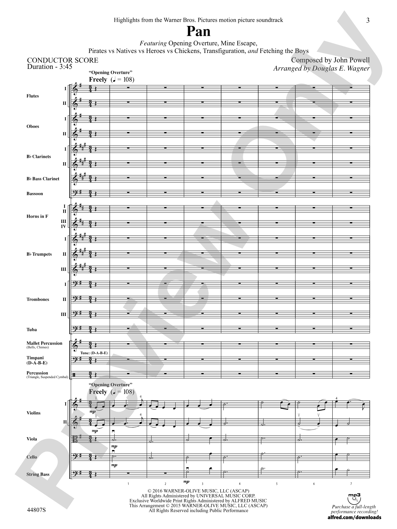 Pan: Highlights from the Warner Bros. Pictures Motion Picture Soundtrack: Full Orchestra Conductor Score & Parts