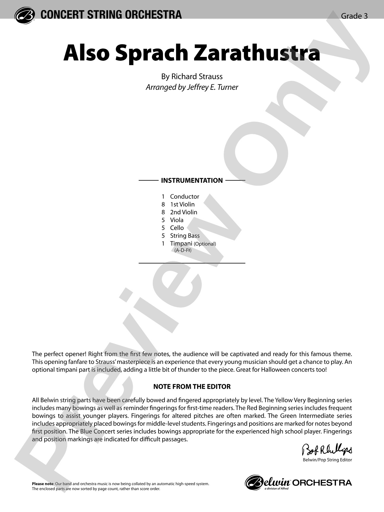 Also Sprach Zarathustra: String Orchestra Conductor Score & Parts