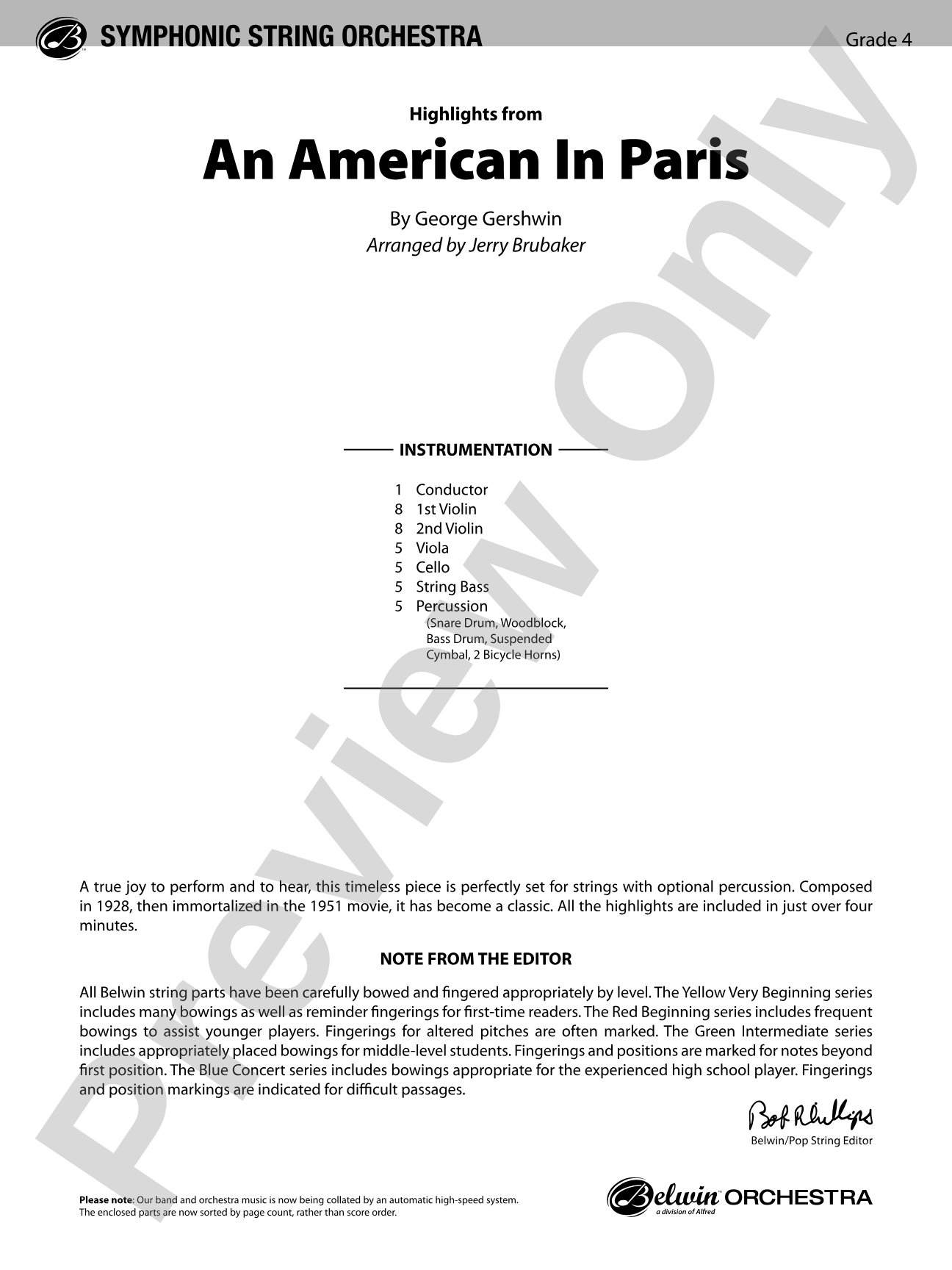 An American in Paris, Highlights from: String Orchestra Conductor Score & Parts