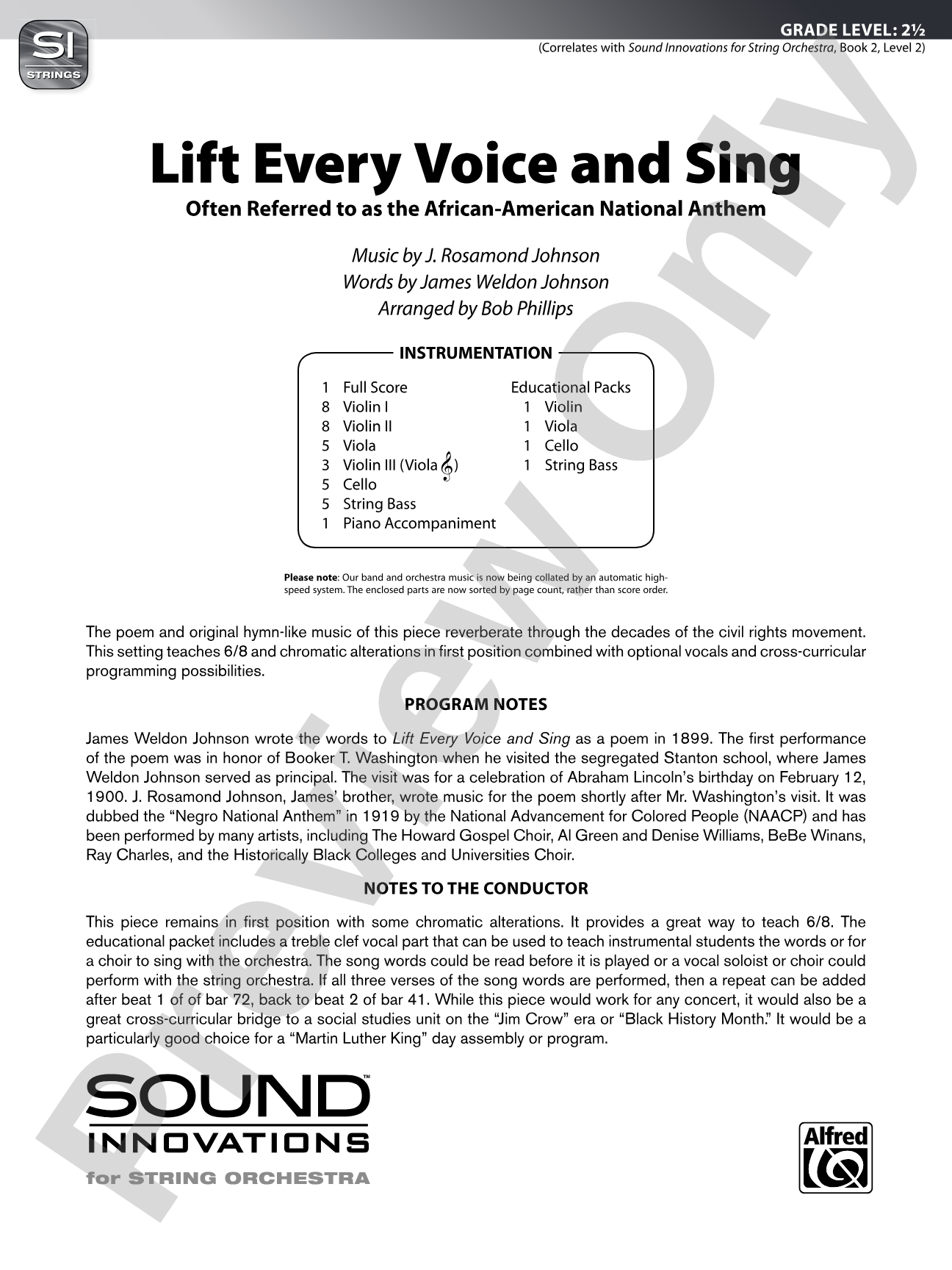 Lift Every Voice and Sing: String Orchestra Conductor Score & Parts