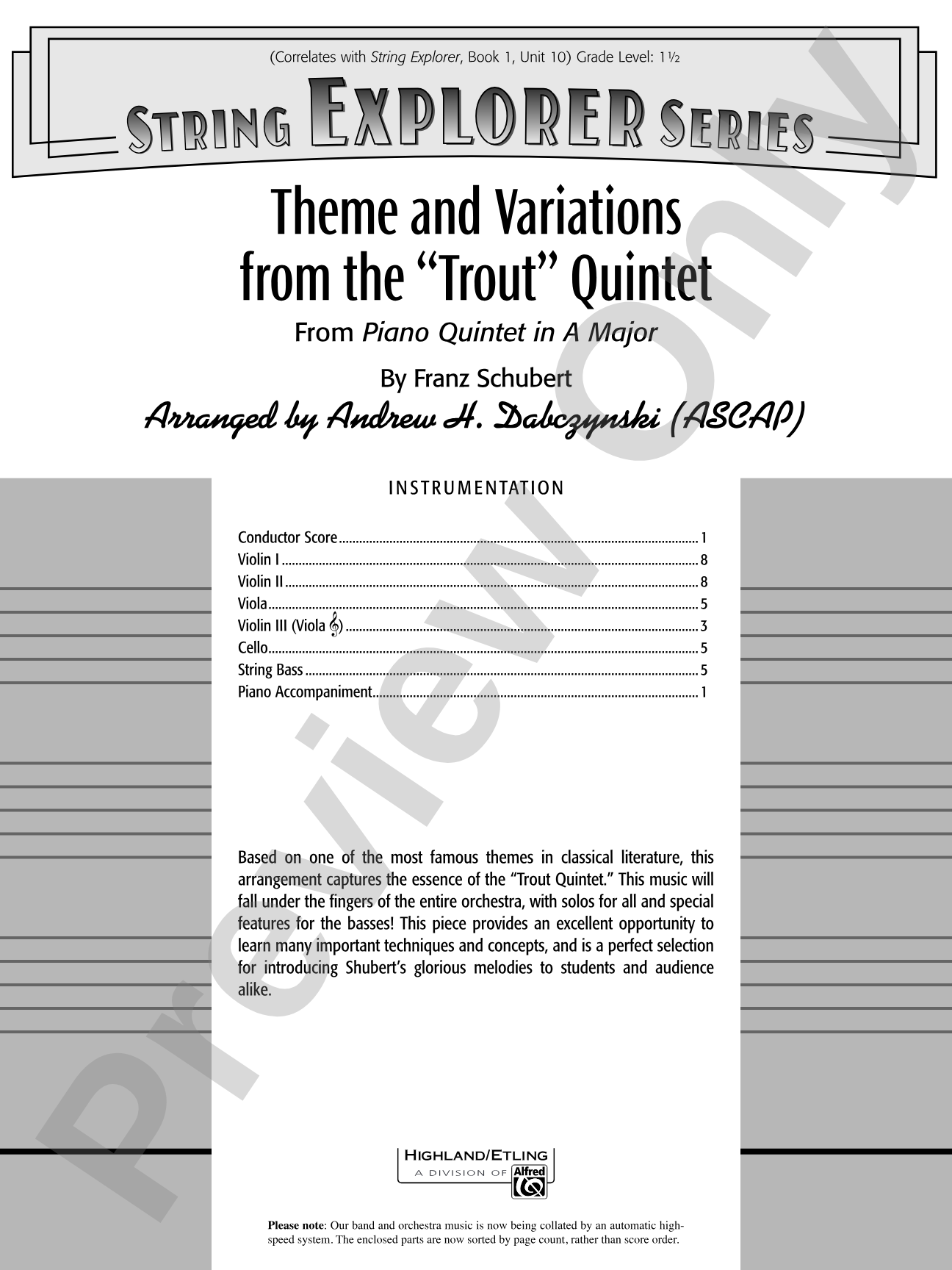Theme and Variations from the "Trout" Quintet: String Orchestra Conductor Score & Parts