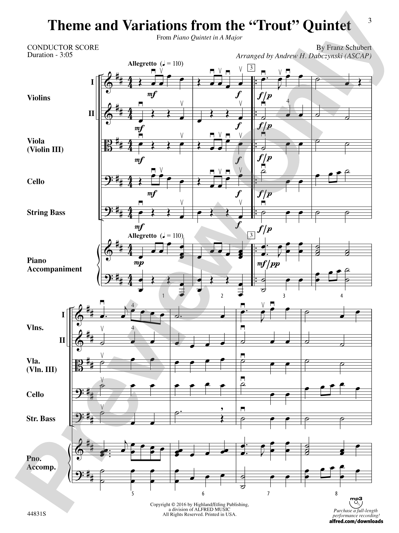 Theme and Variations from the "Trout" Quintet: String Orchestra Conductor Score & Parts