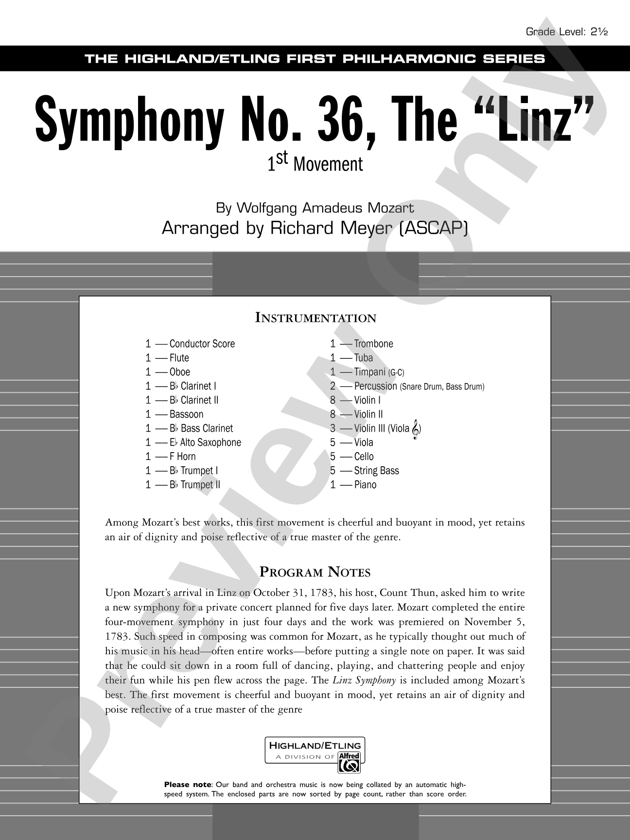 Symphony No. 36, The "Linz": Full Orchestra Conductor Score & Parts
