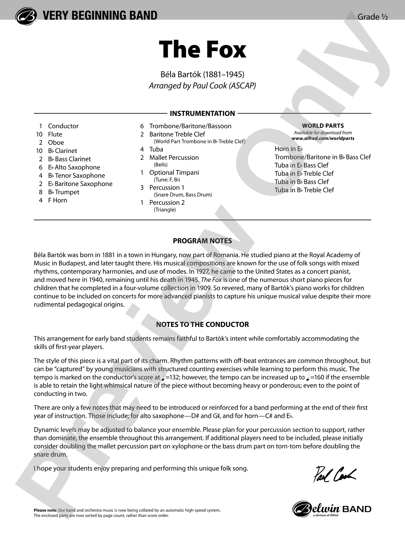 The Fox: Concert Band Conductor Score & Parts