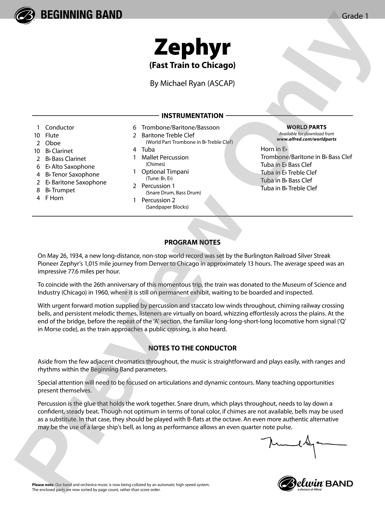 Zephyr: Concert Band Conductor Score & Parts