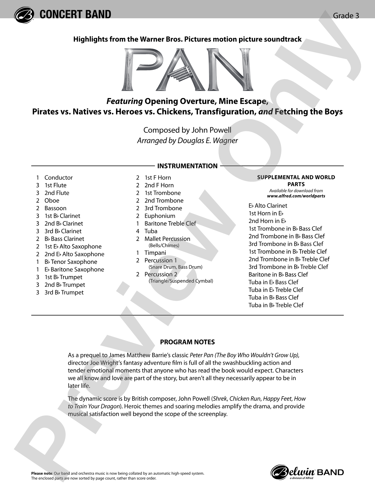 Pan: Highlights from the Warner Bros. Pictures Motion Picture Soundtrack: Concert Band Conductor Score & Parts