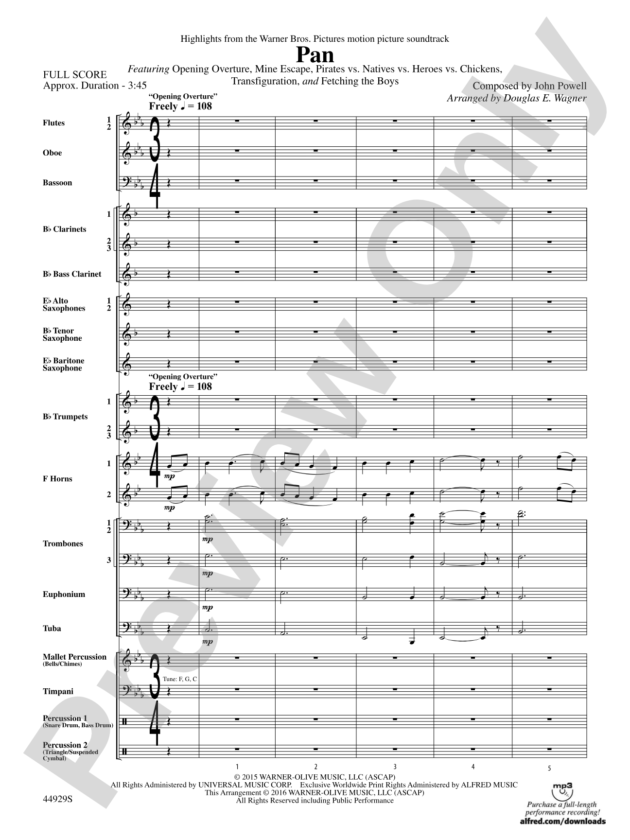 Pan: Highlights from the Warner Bros. Pictures Motion Picture Soundtrack: Concert Band Conductor Score & Parts