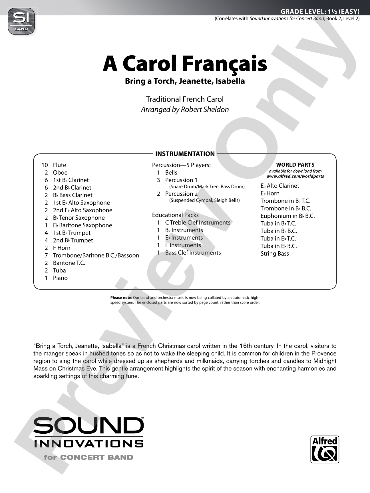 A Carol Français: Concert Band Conductor Score & Parts