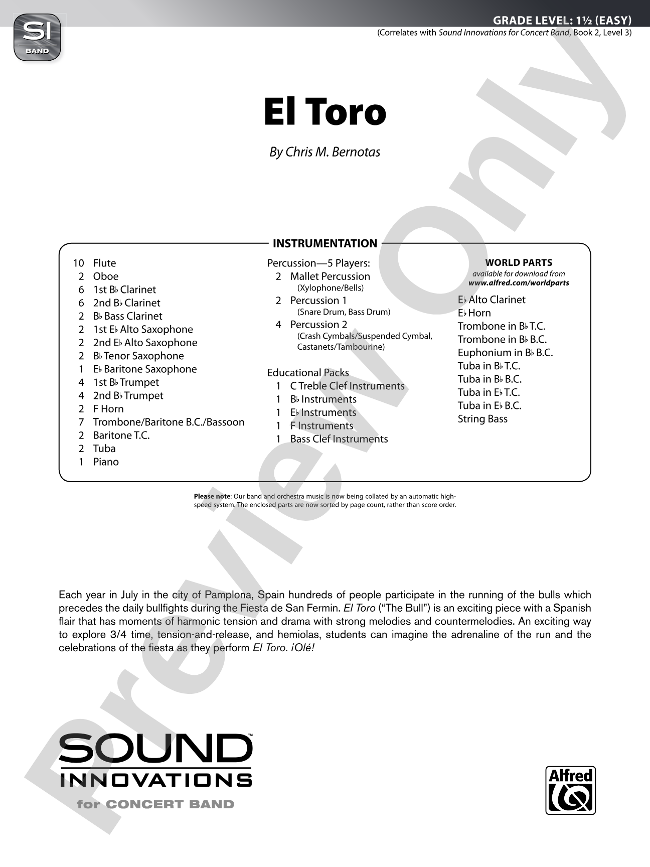 El Toro: Concert Band Conductor Score & Parts