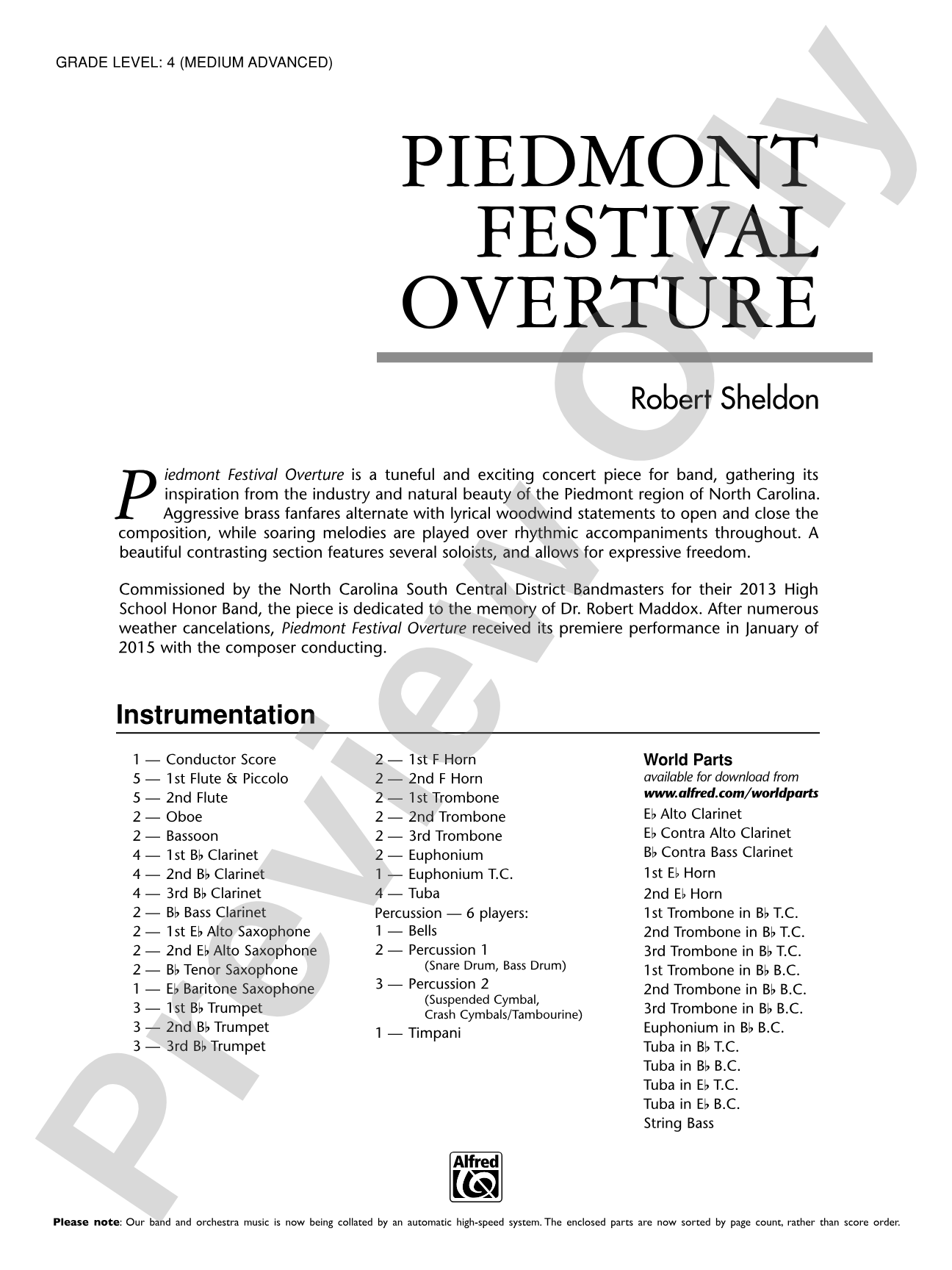 Piedmont Festival Overture: Concert Band Conductor Score & Parts