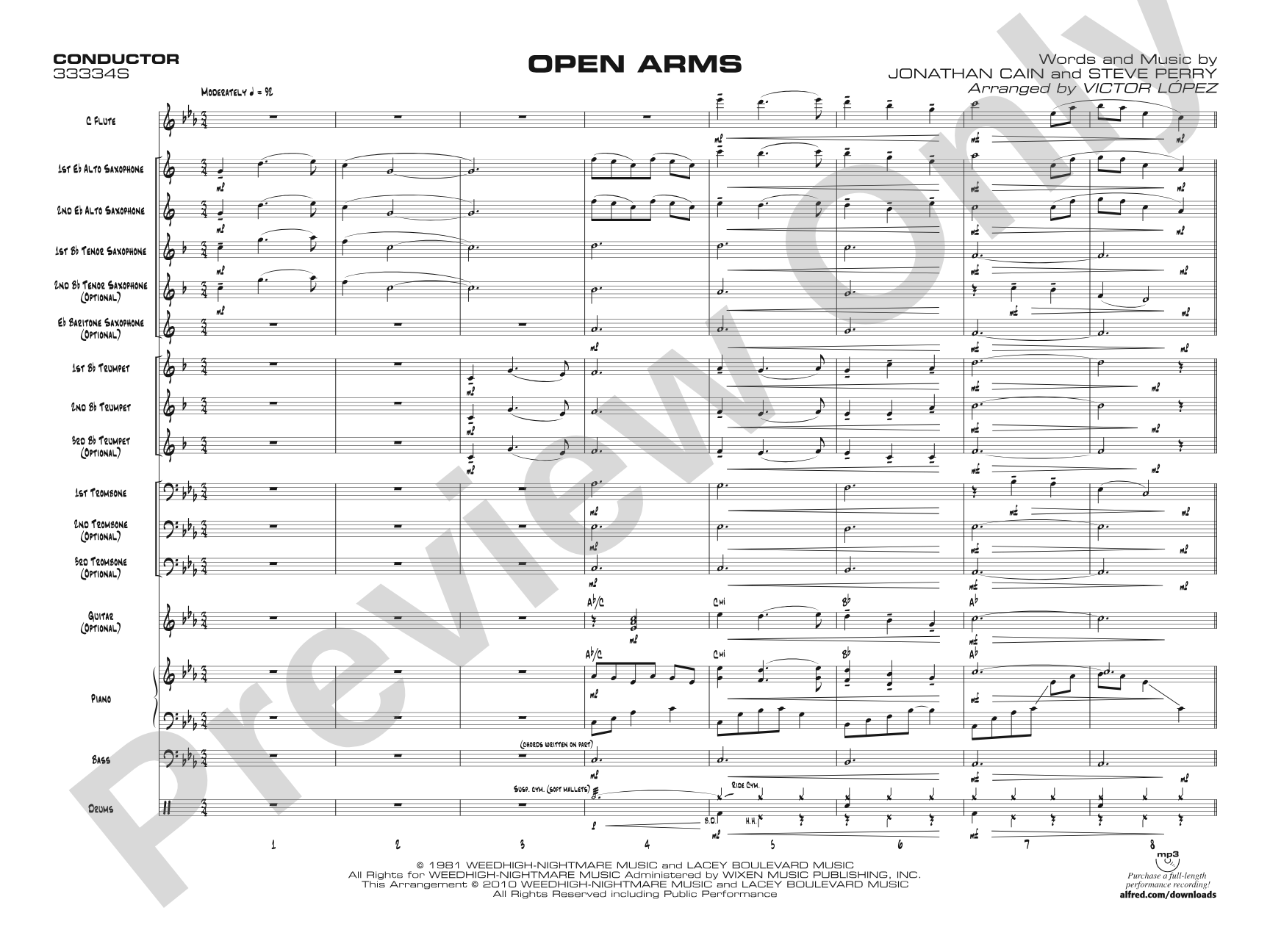 Open Arms: Jazz Ensemble Conductor Score & Parts