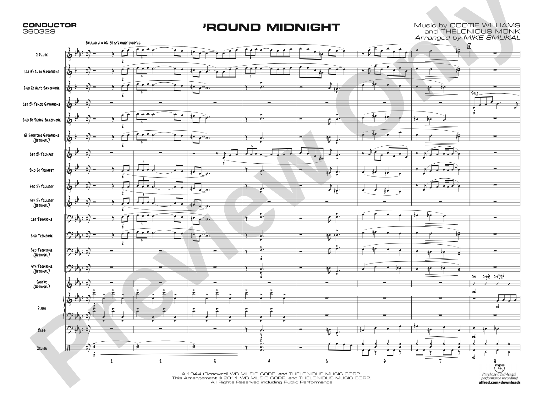 'Round Midnight: Jazz Ensemble Conductor Score & Parts