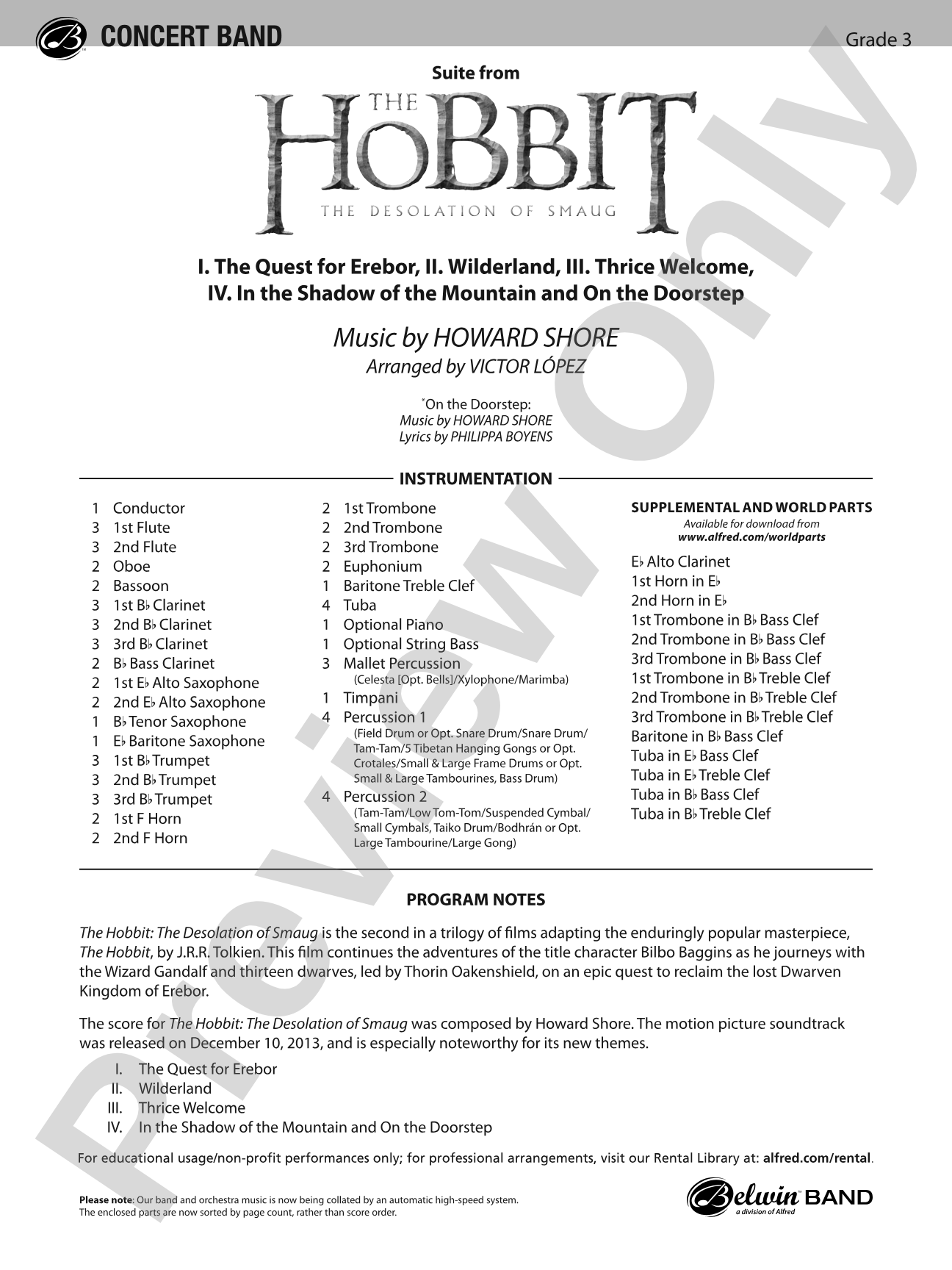 The Hobbit: The Desolation of Smaug, Suite from: Concert Band Conductor Score & Parts