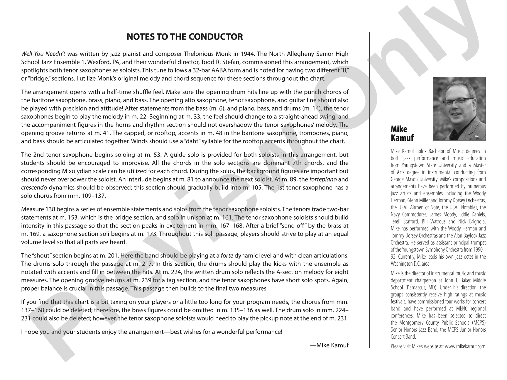 Well You Needn't: Jazz Ensemble Conductor Score & Parts