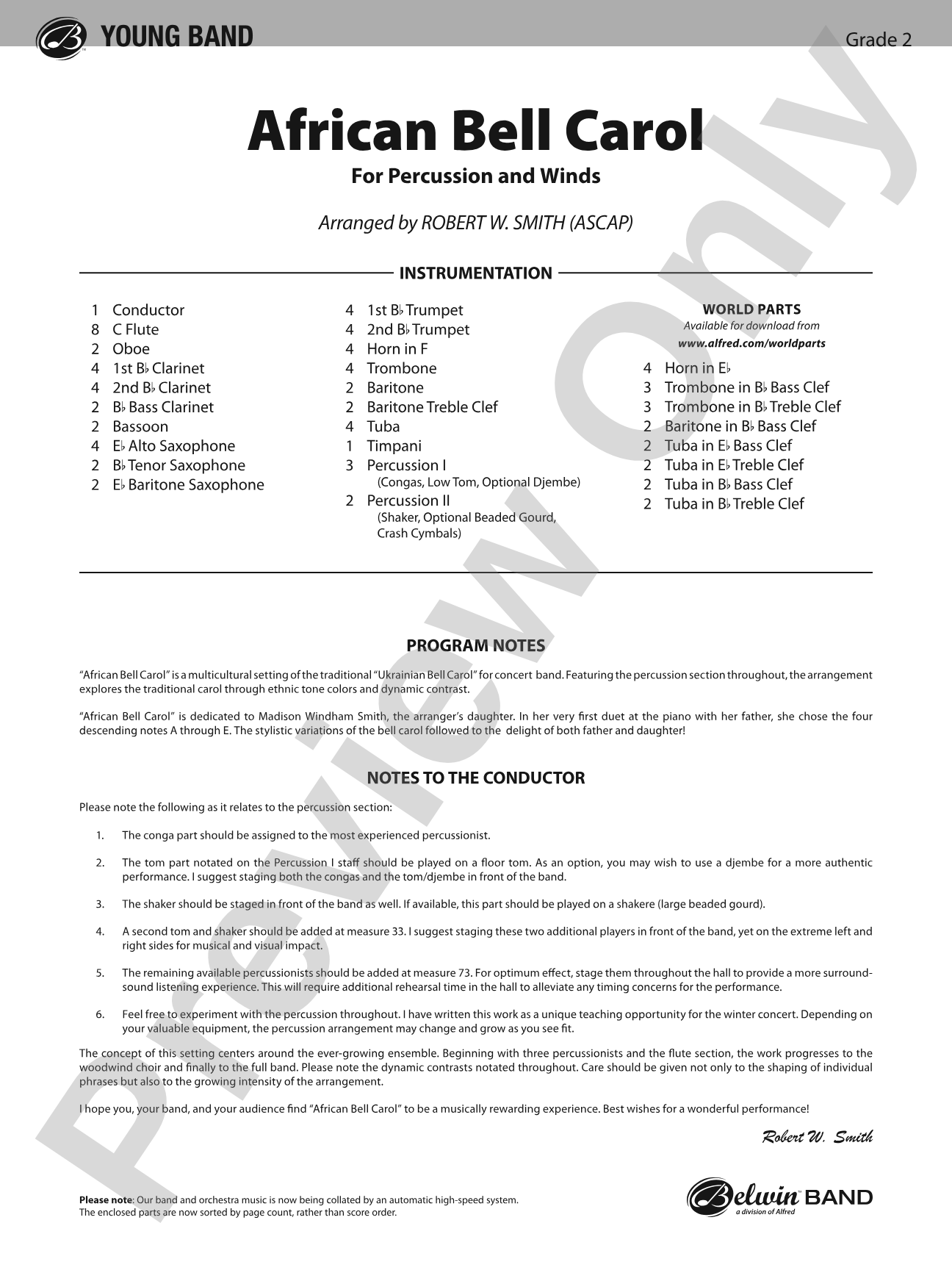 African Bell Carol (for Percussion and Winds): Concert Band Conductor Score & Parts