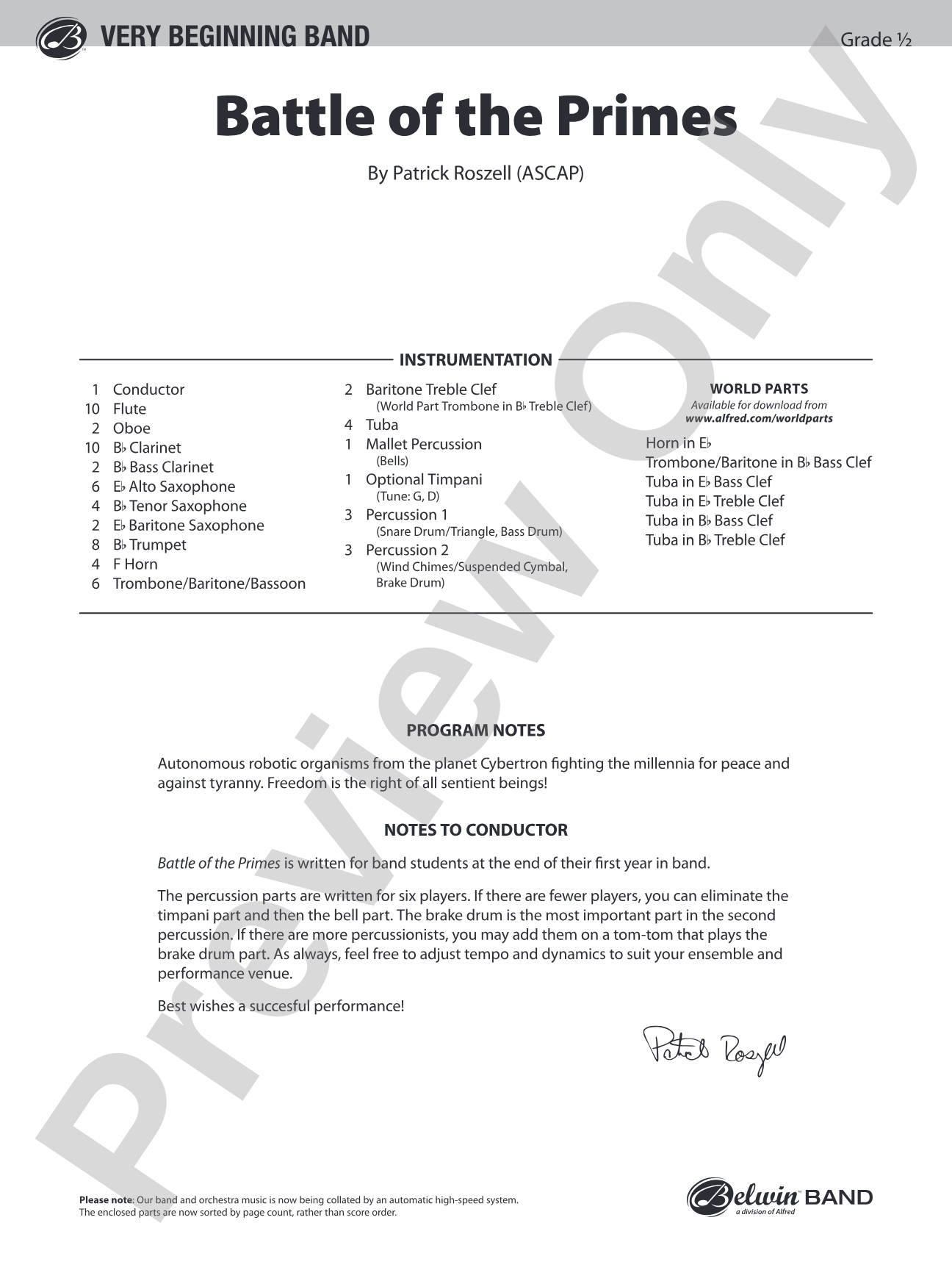 Battle of the Primes: Concert Band Conductor Score & Parts