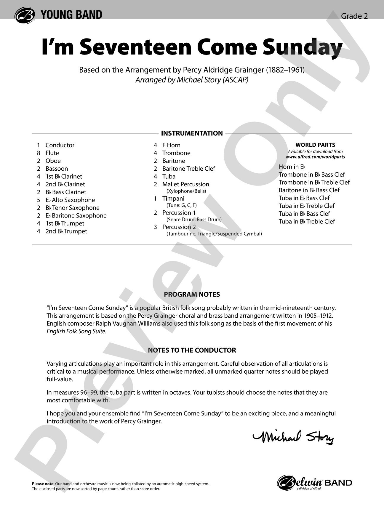 I'm Seventeen Come Sunday: Concert Band Conductor Score & Parts