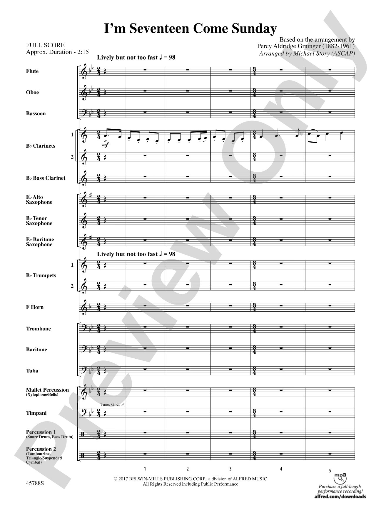 I'm Seventeen Come Sunday: Concert Band Conductor Score & Parts