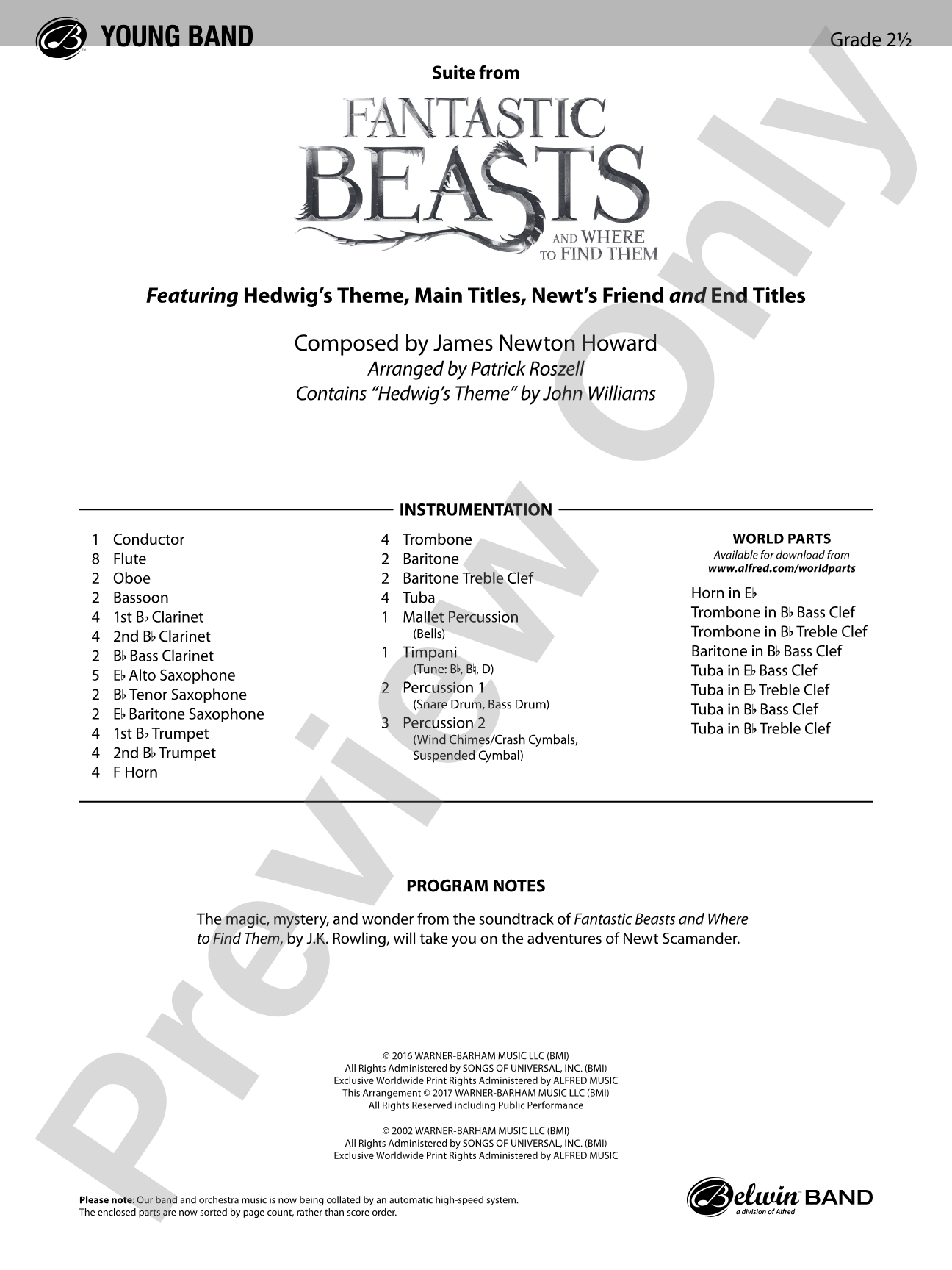 Suite from Fantastic Beasts and Where to Find Them: Concert Band Conductor Score & Parts
