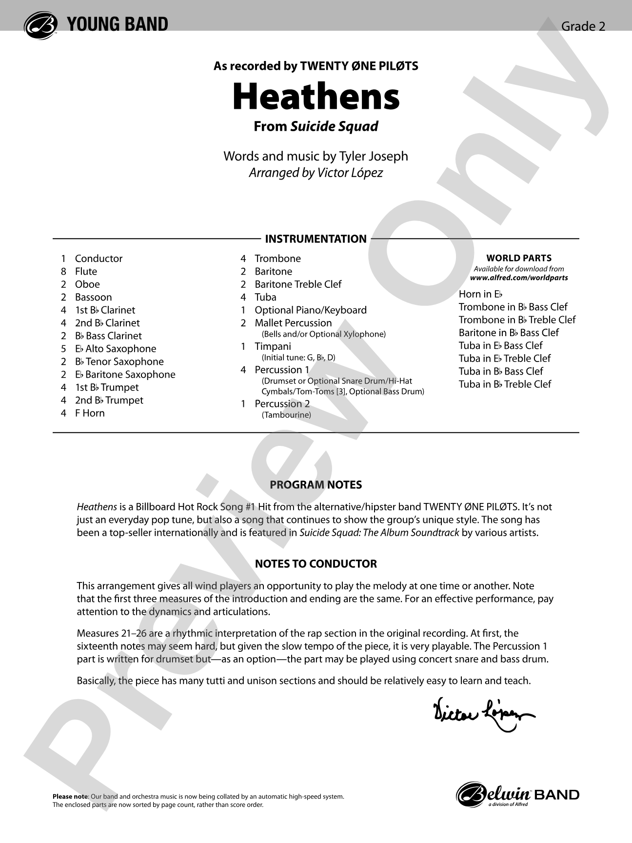 Heathens: Concert Band Conductor Score & Parts