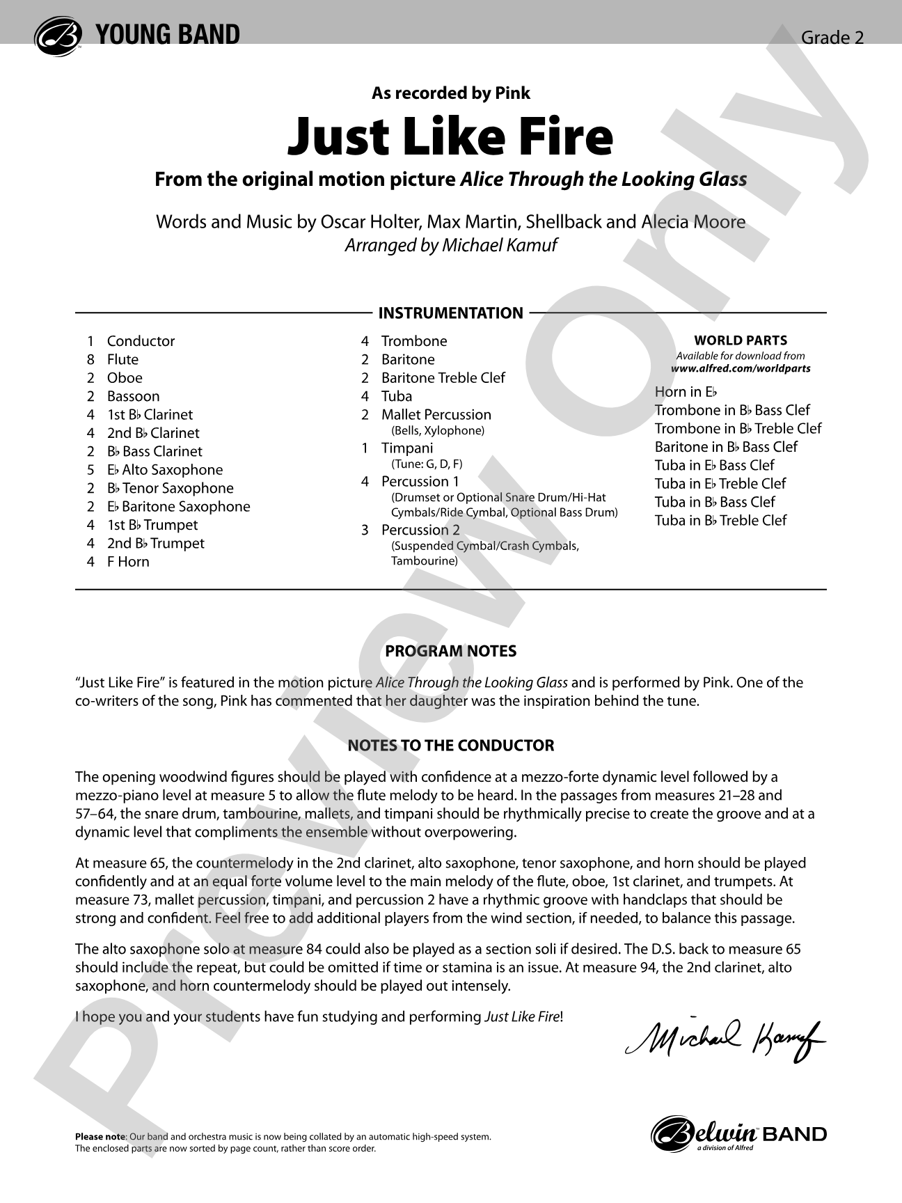 Just Like Fire: Concert Band Conductor Score & Parts