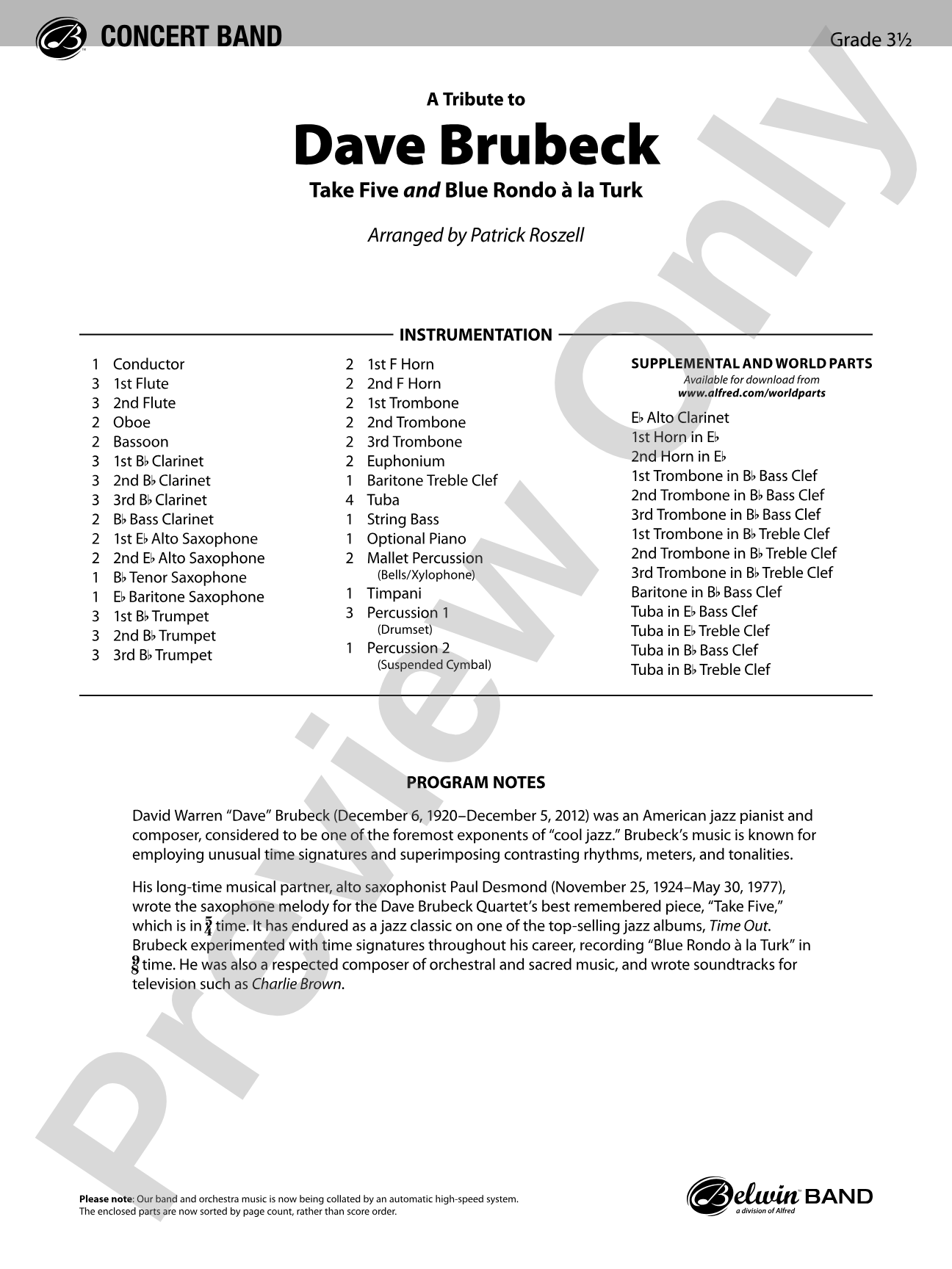 A Tribute to Dave Brubeck: Concert Band Conductor Score & Parts